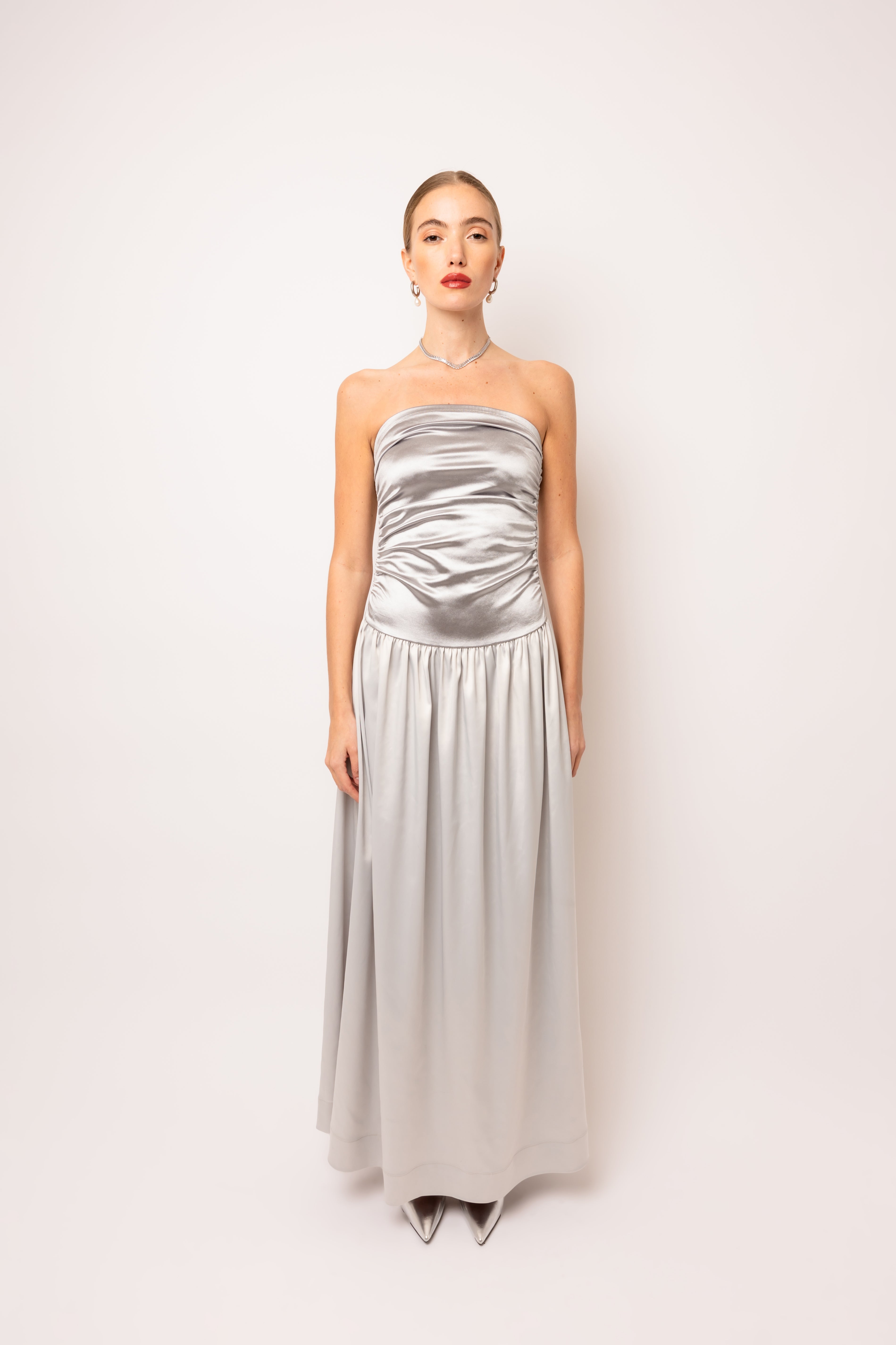 Micha Silver Satin Maxi Dress