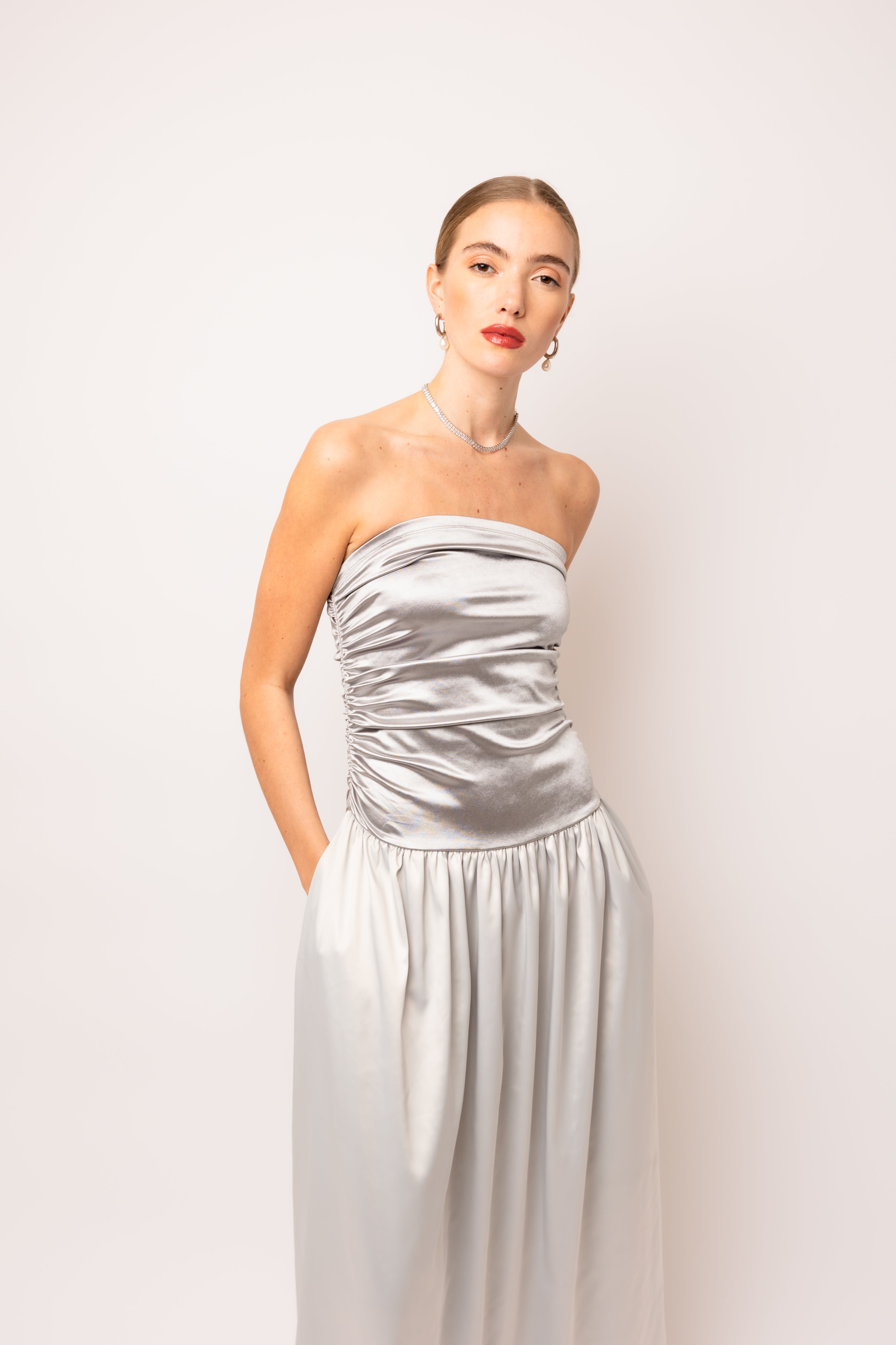 Micha Silver Satin Maxi Dress