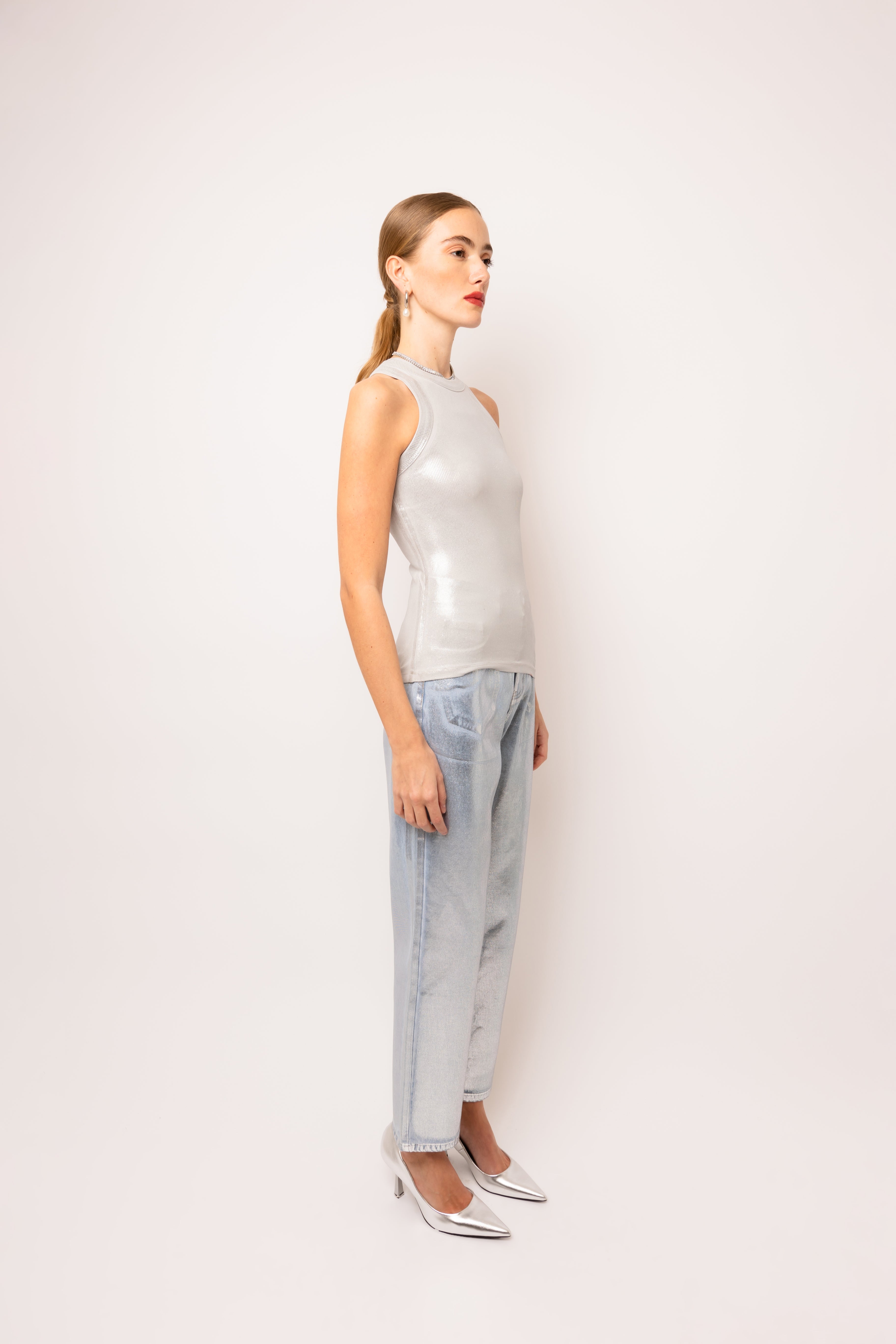Lupe Silver Denim Coated Trousers