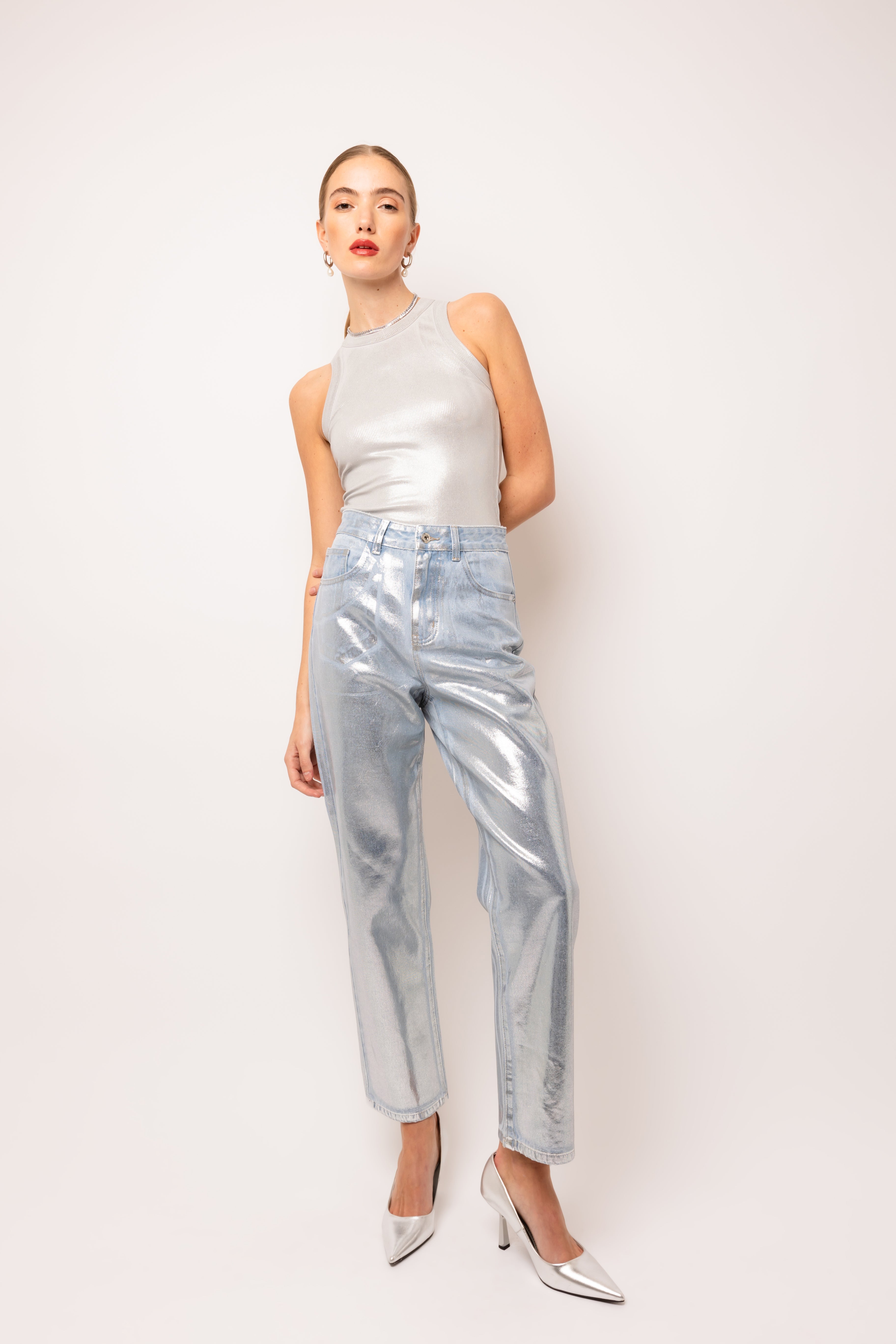 Lupe Silver Denim Coated Trousers