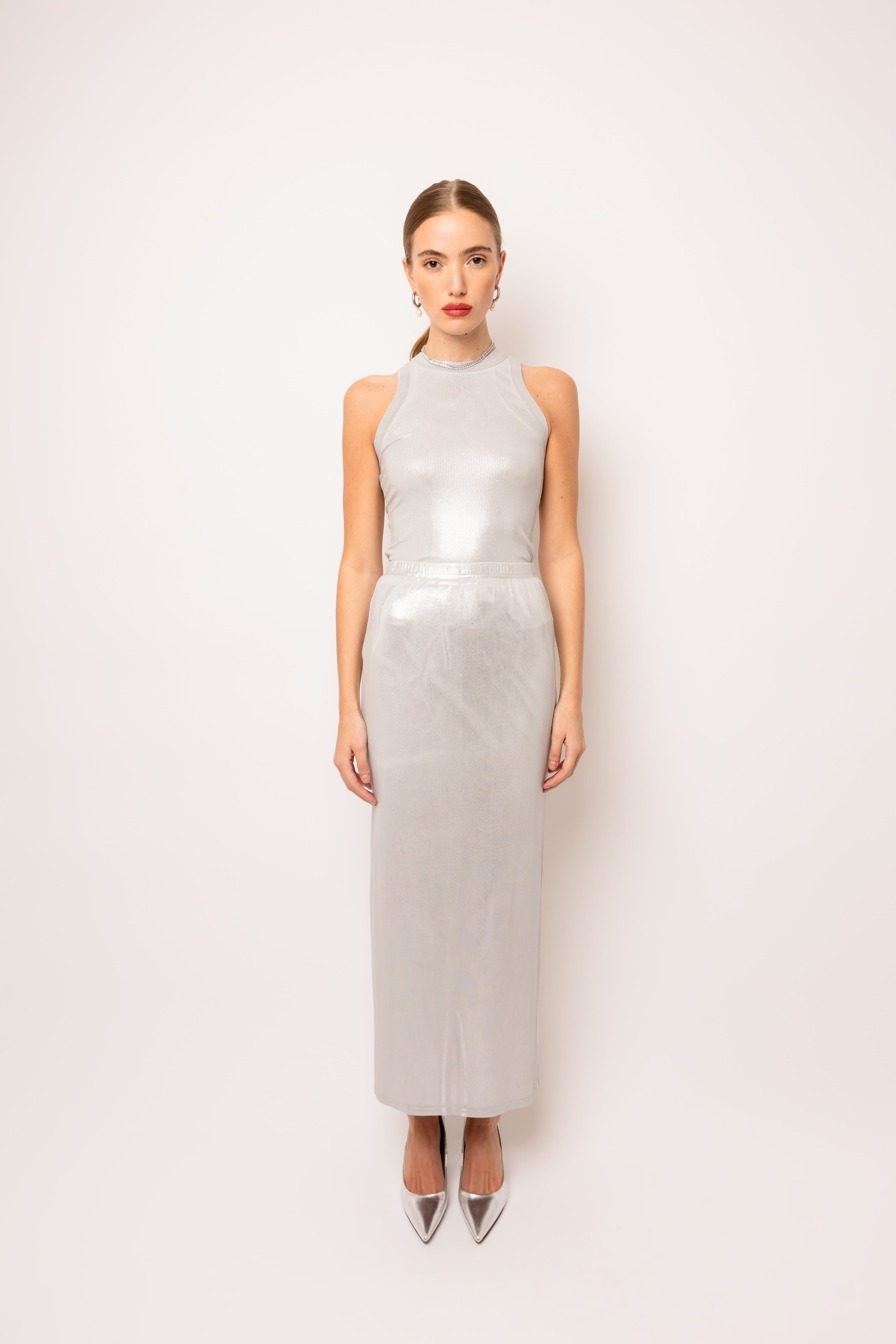 Lulu Silver Metallic Maxi Skirt