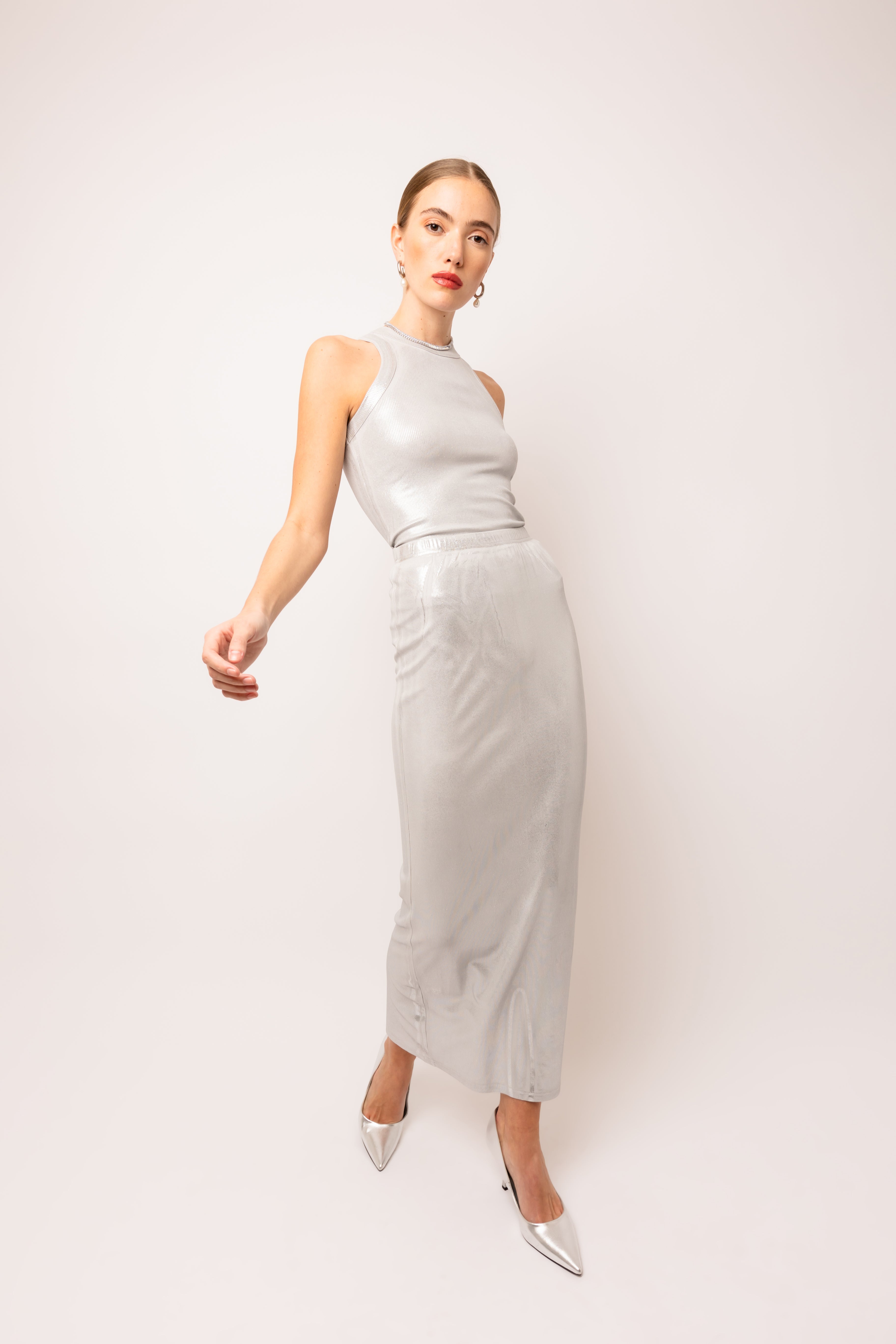 Lulu Silver Metallic Maxi Skirt