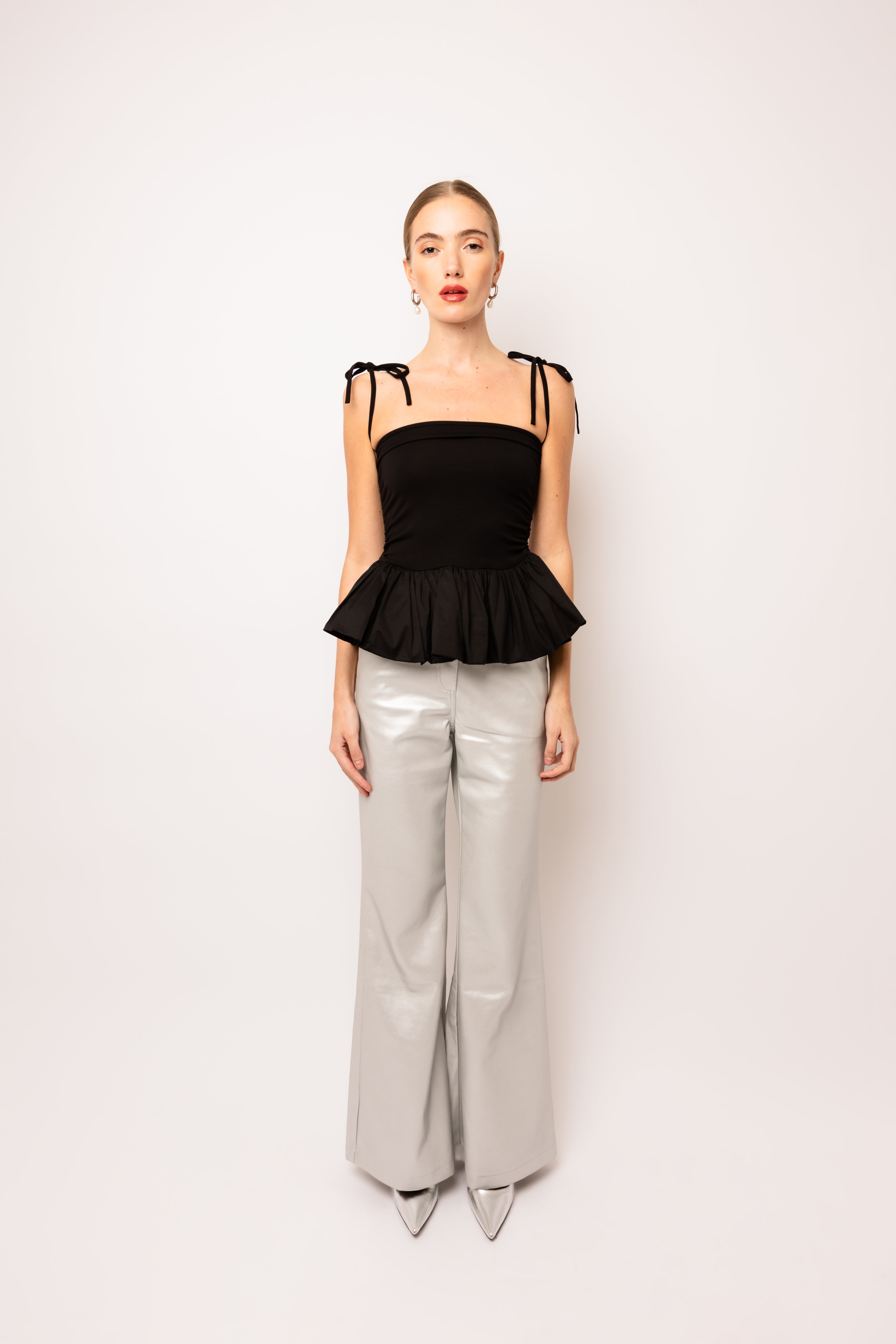 Alexa Black Puffball Ruffle Top