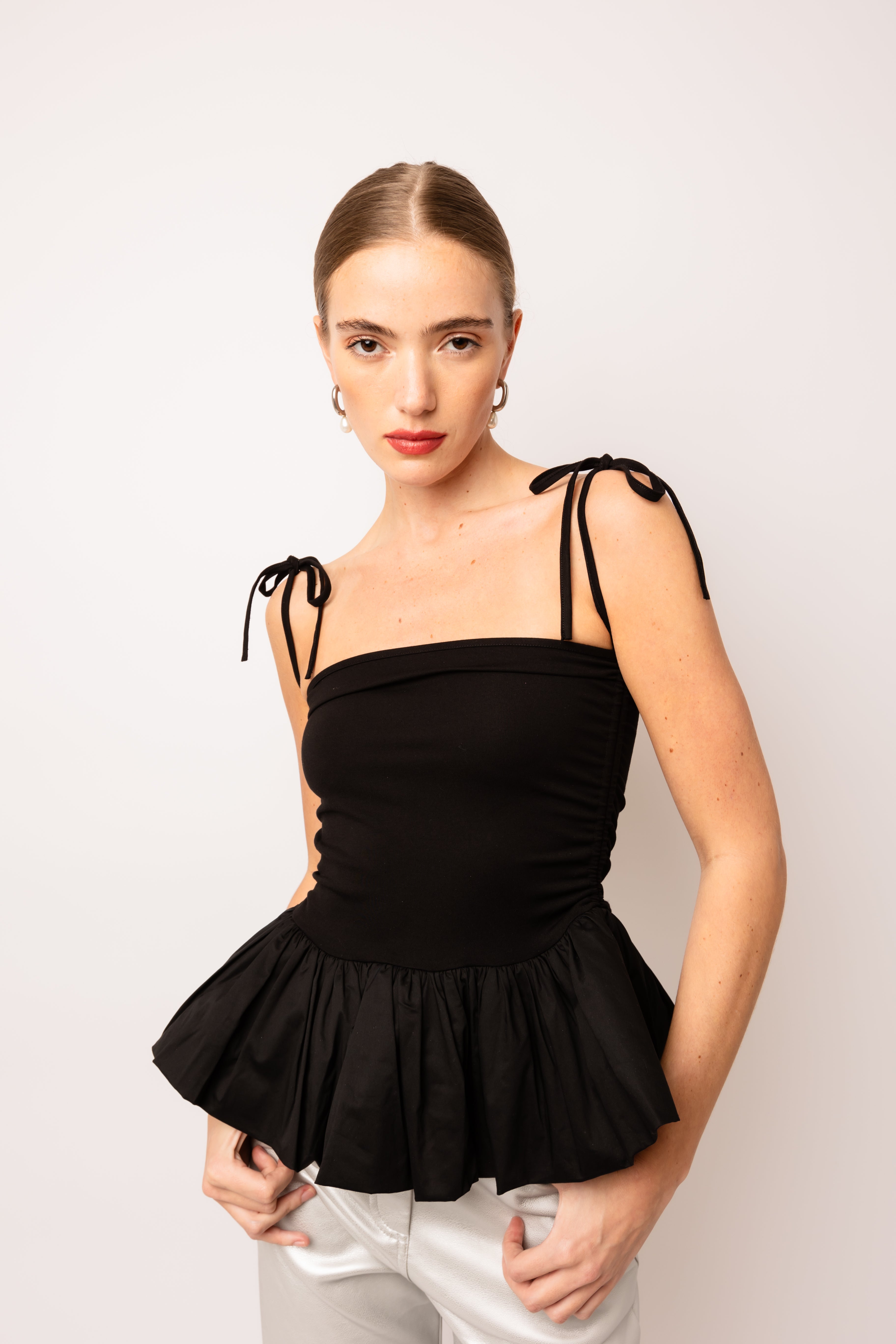 Alexa Black Puffball Ruffle Top