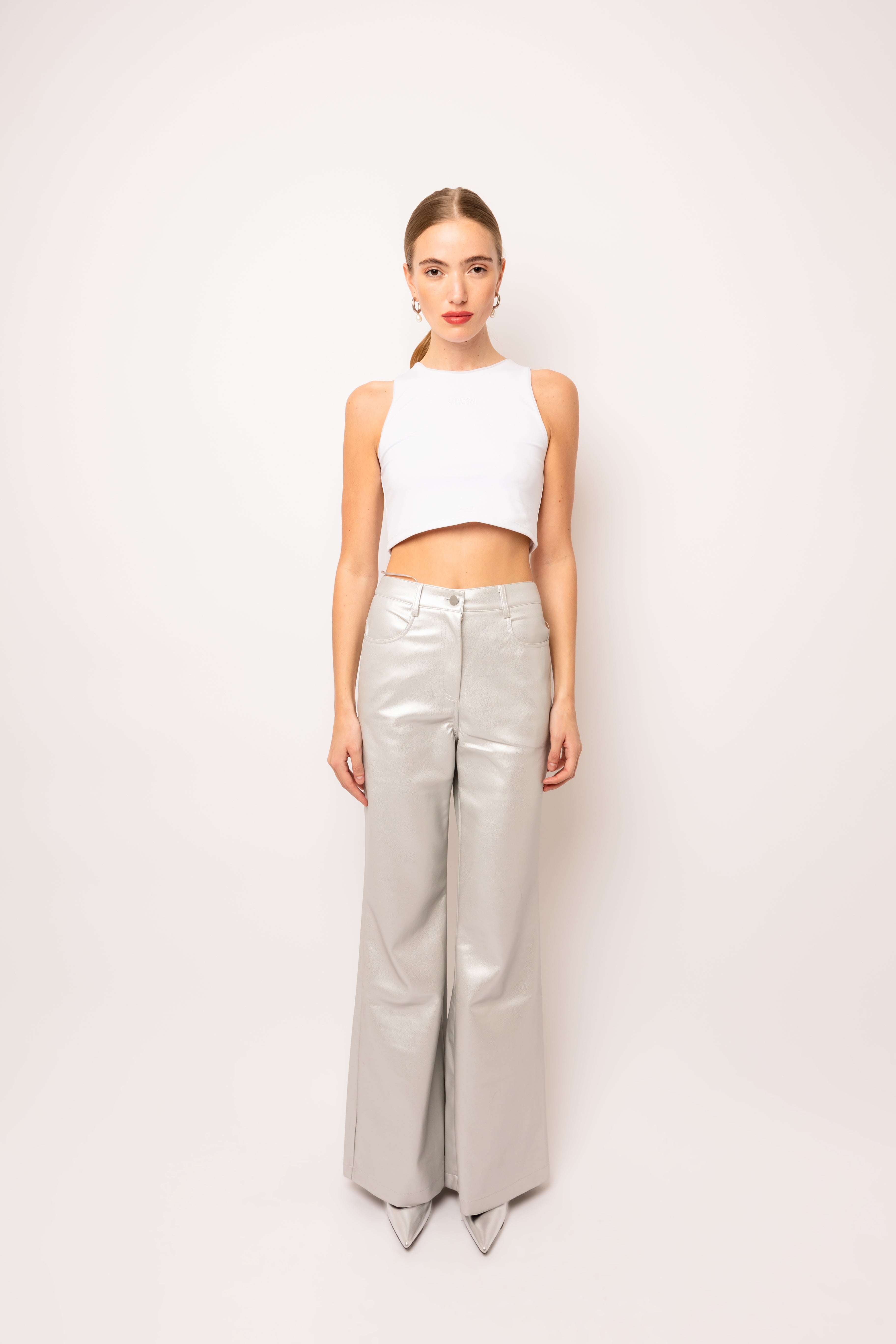 Lupe Silver Wide Leg Metallic Matte Leather Trousers