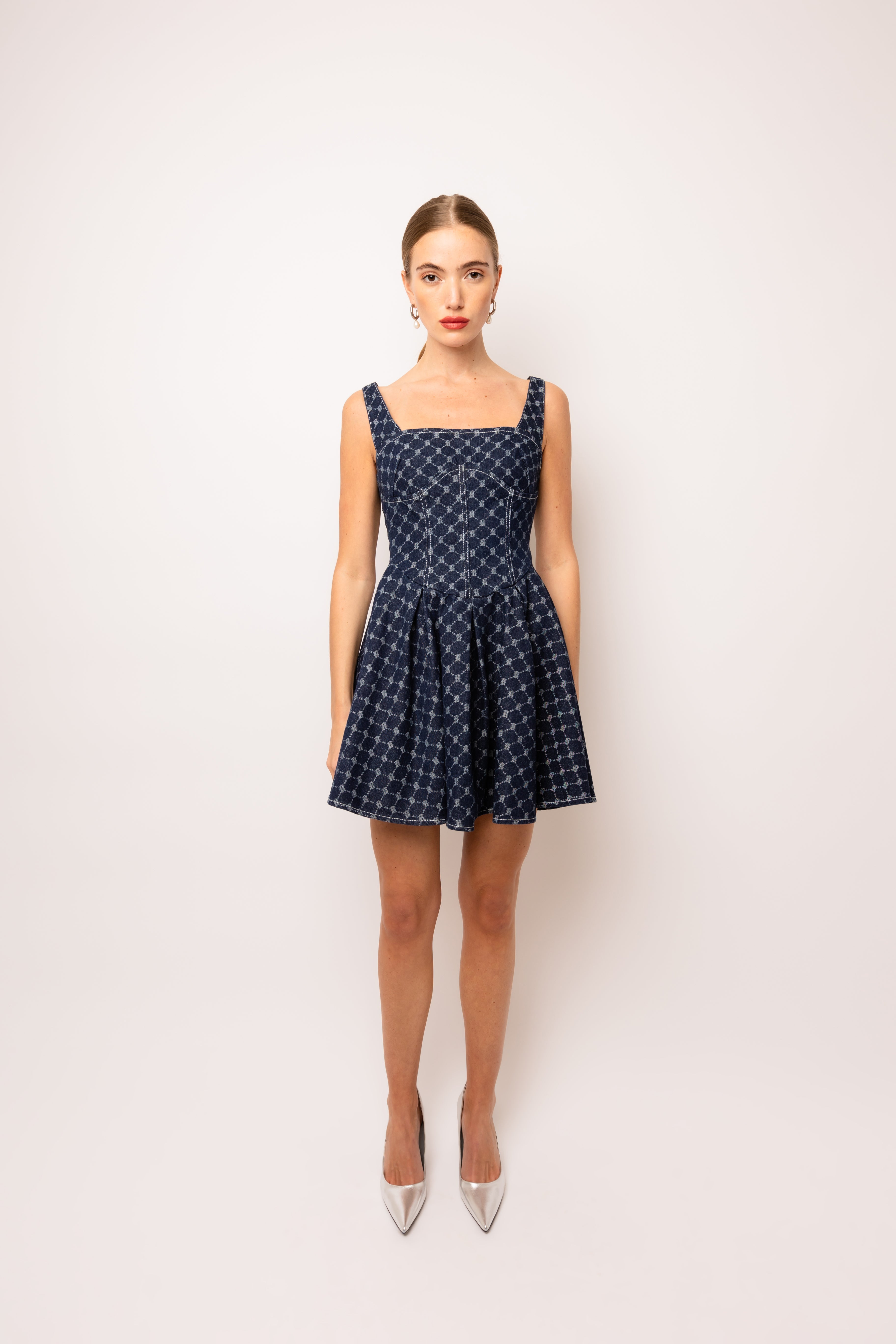 Remi Geo-Print Denim Mini Dress with Pleated Skater Skirt | AMYLYNN