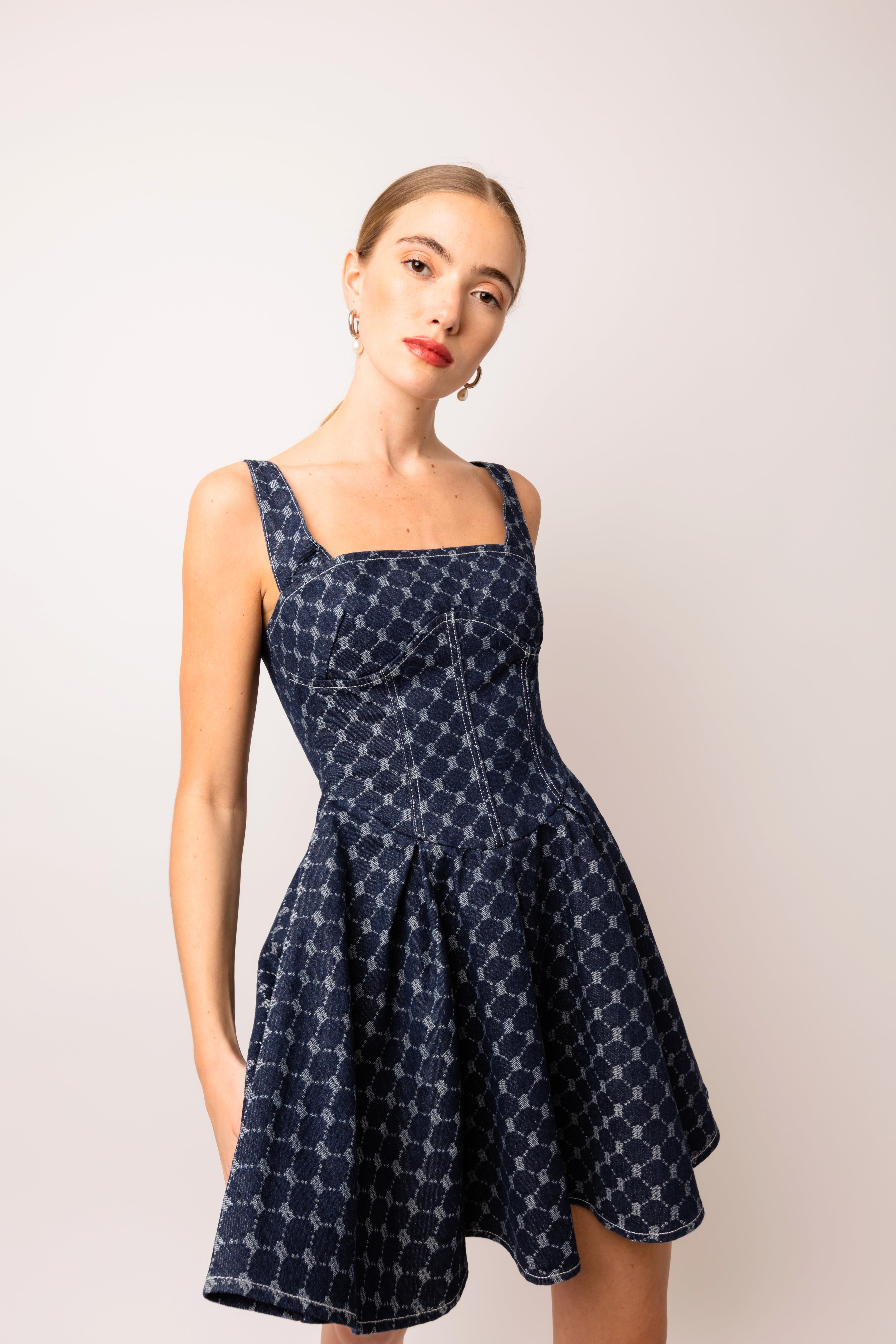 Remi Geo-Print Denim Mini Dress with Pleated Skater Skirt | AMYLYNN