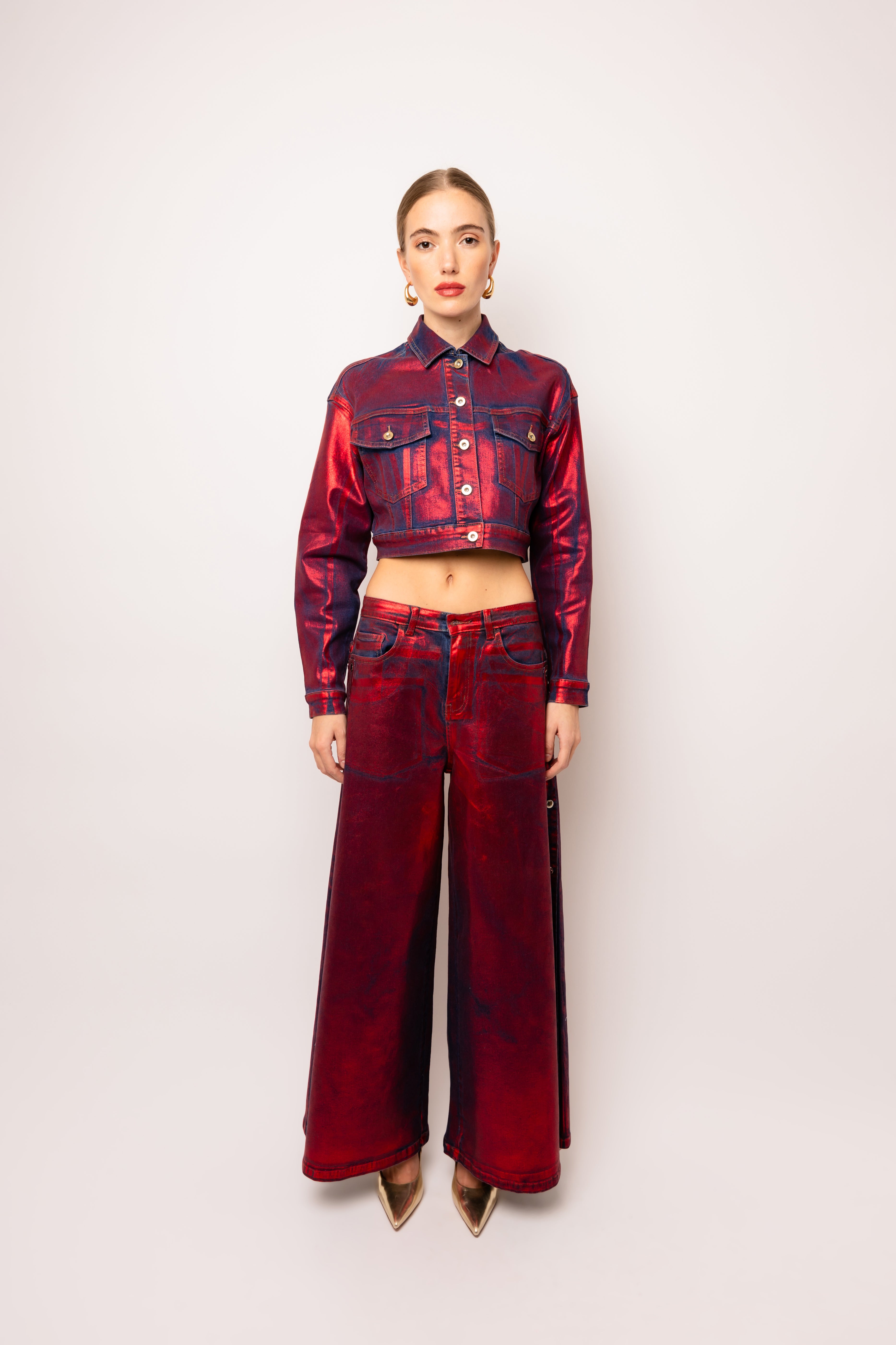 Halle Red Foil Coated Denim Jacket