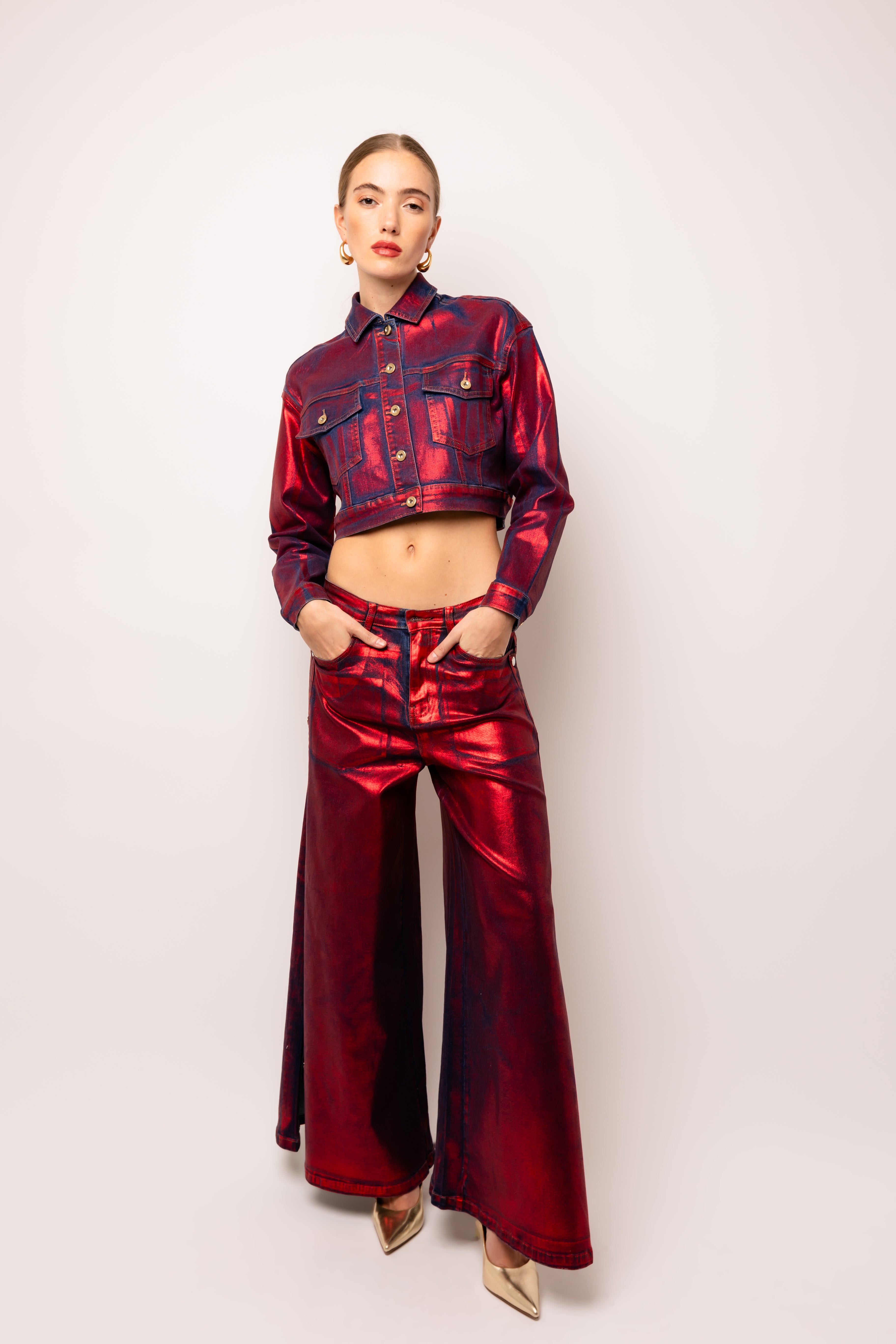 Halle Red Foil Coated Denim Jacket