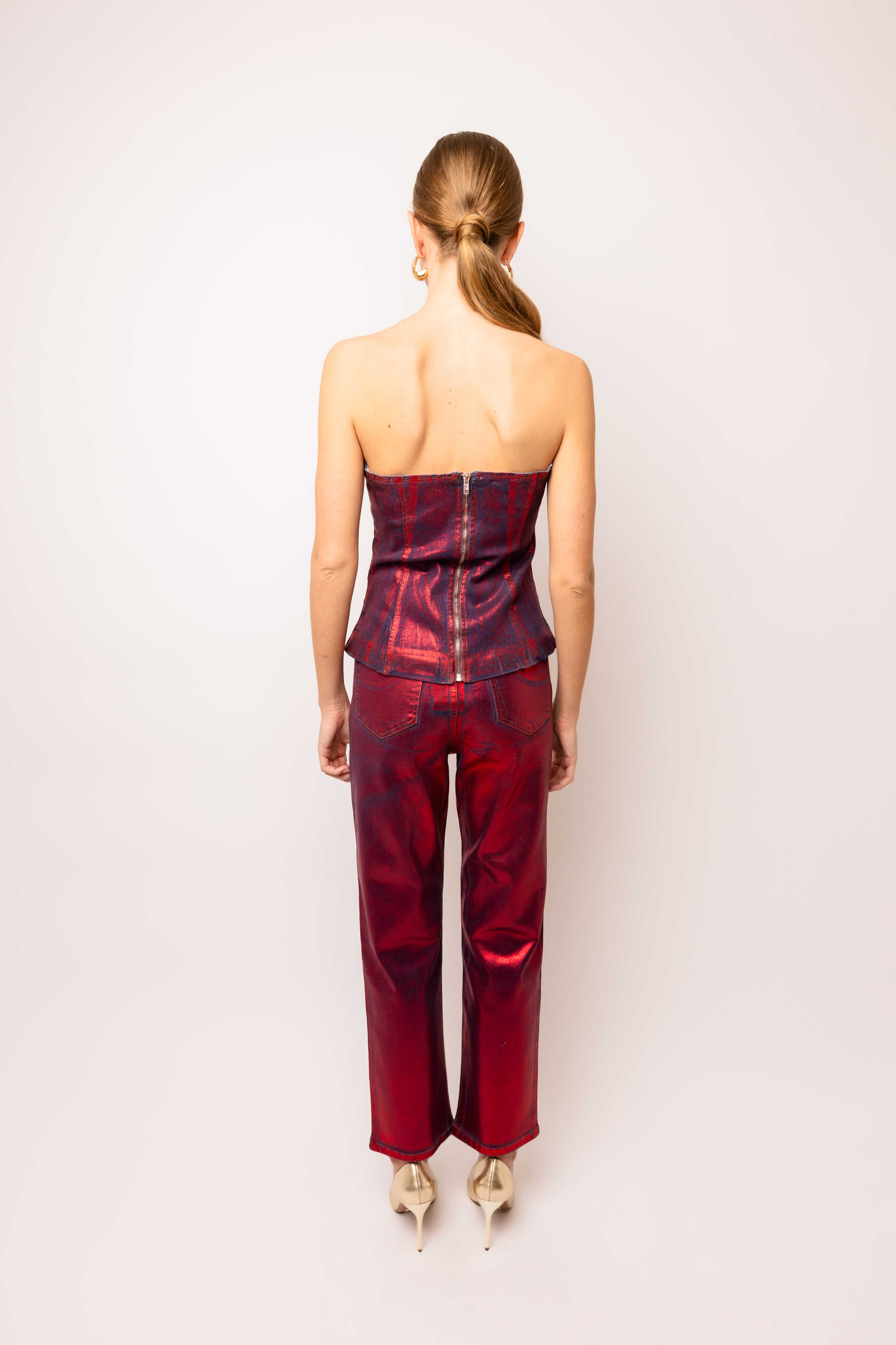 Lupe Red Denim Foil Coated Trousers