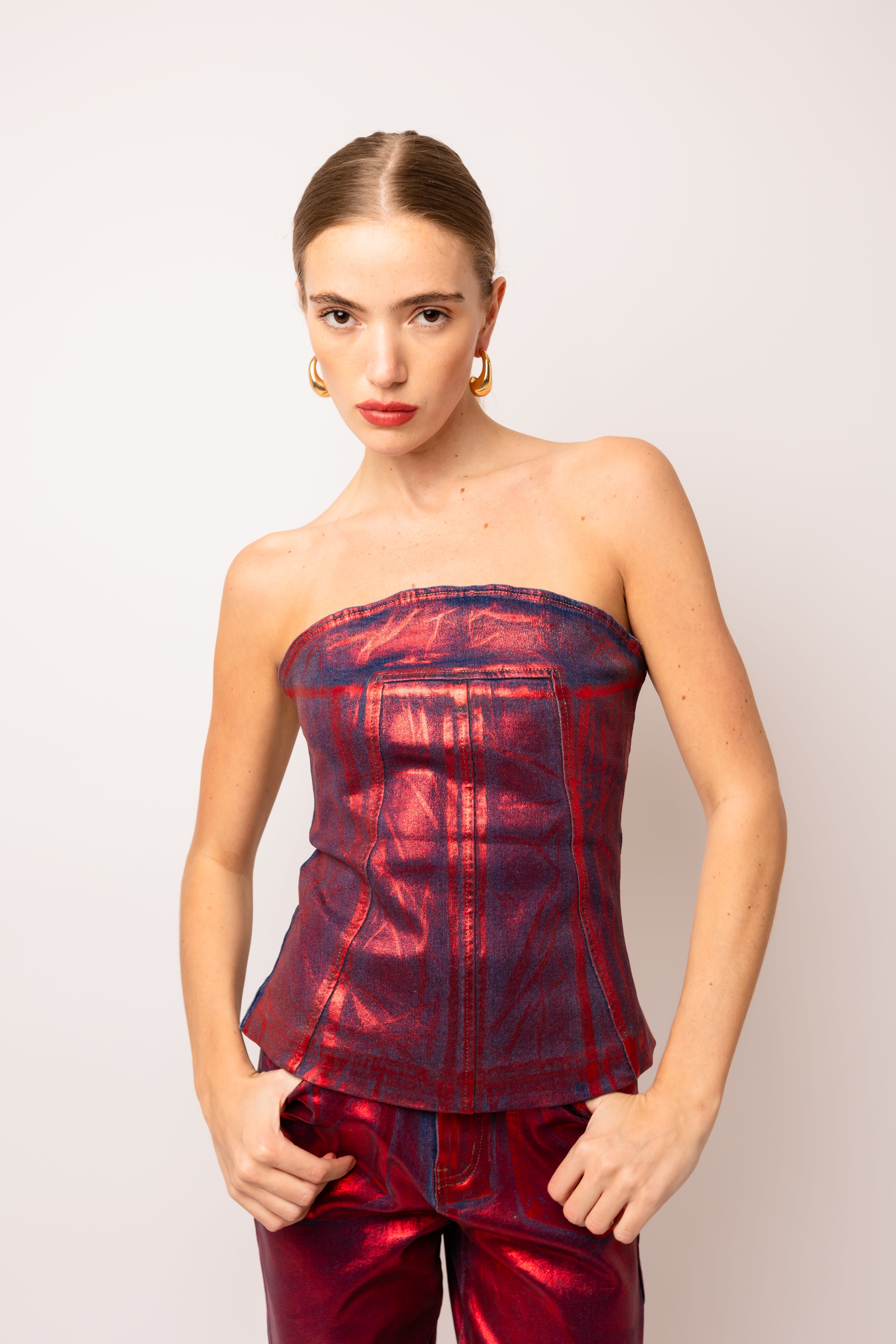 Johanna Red Denim Foil Coated Top