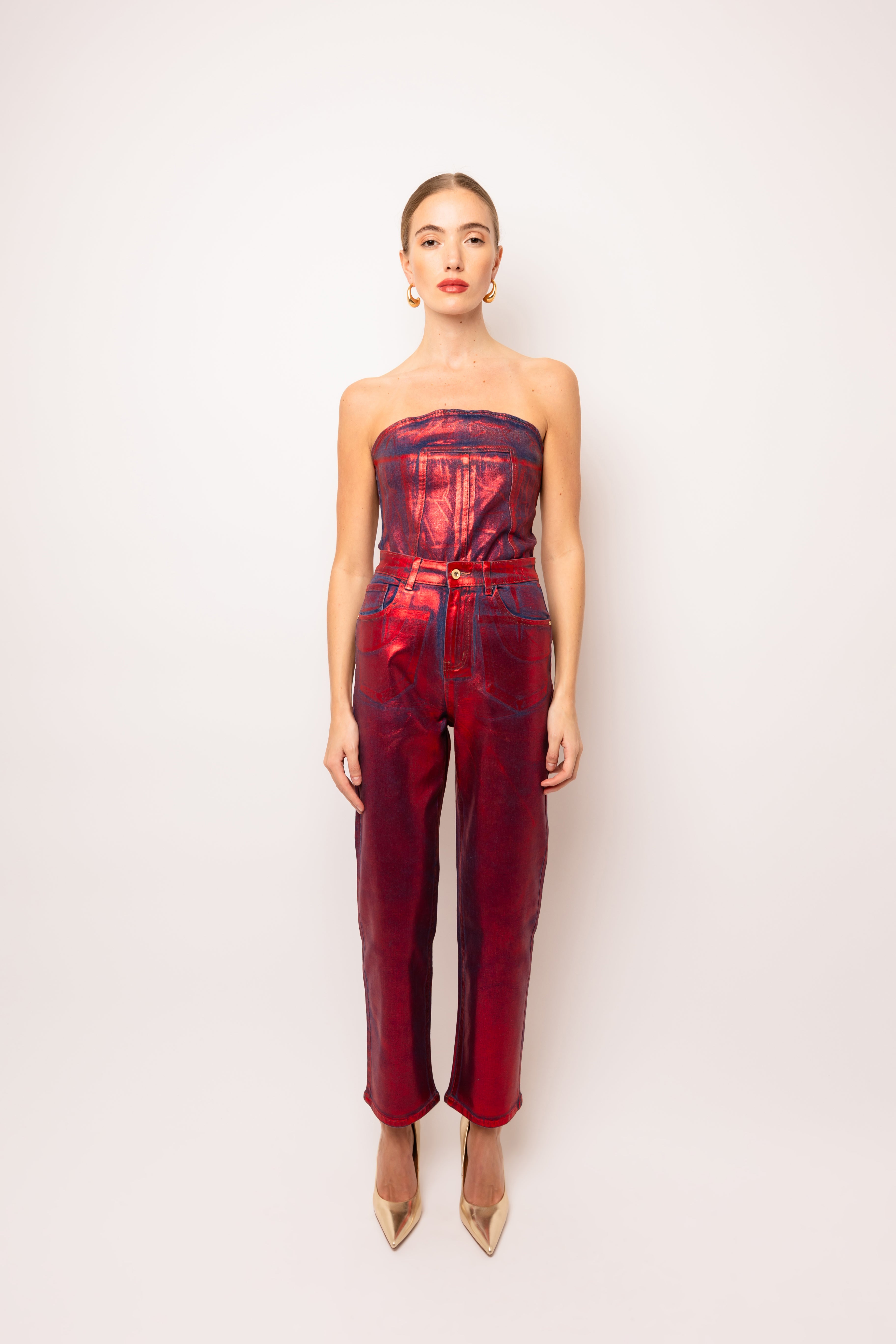 Lupe Red Denim Foil Coated Trousers
