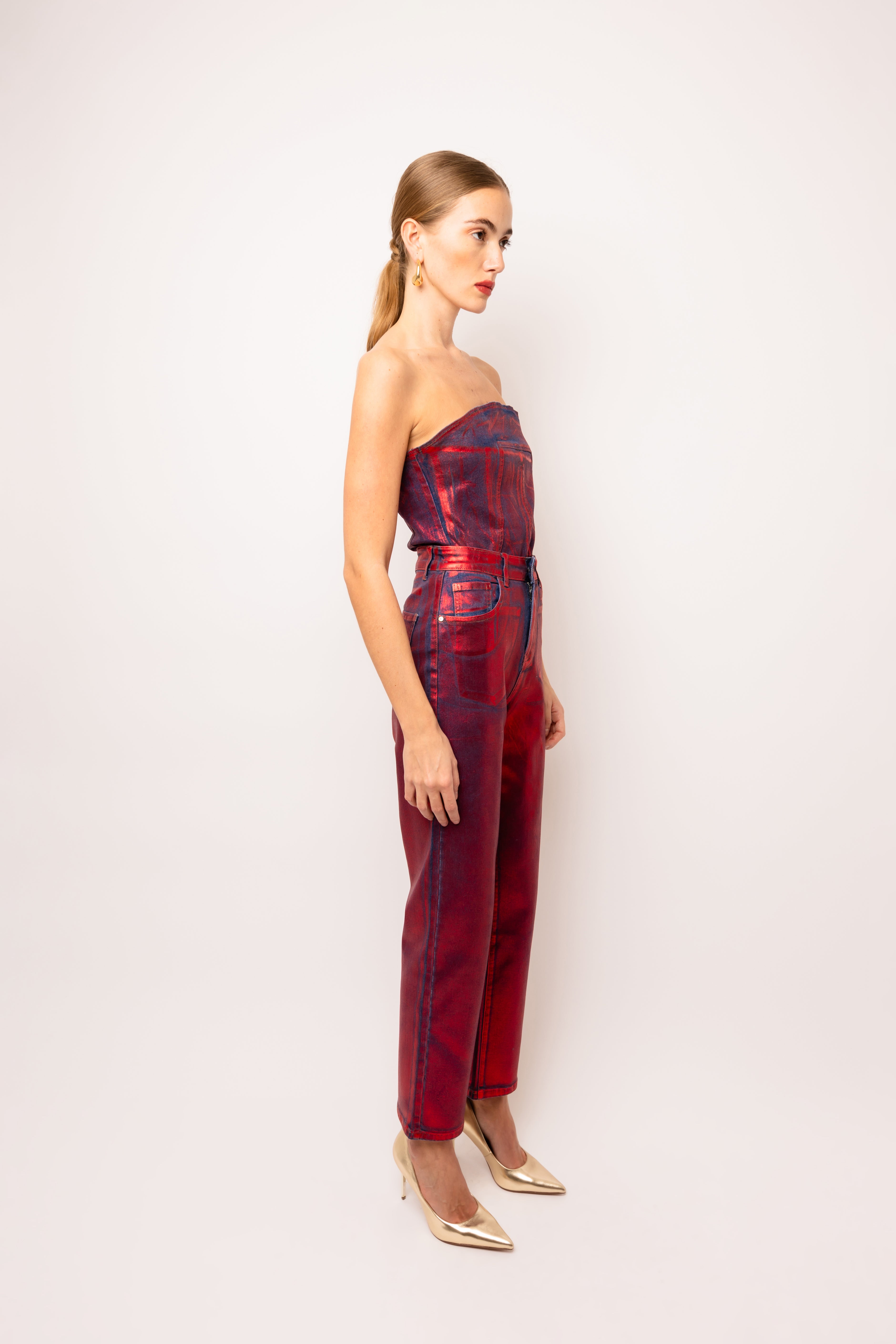 Lupe Red Denim Foil Coated Trousers