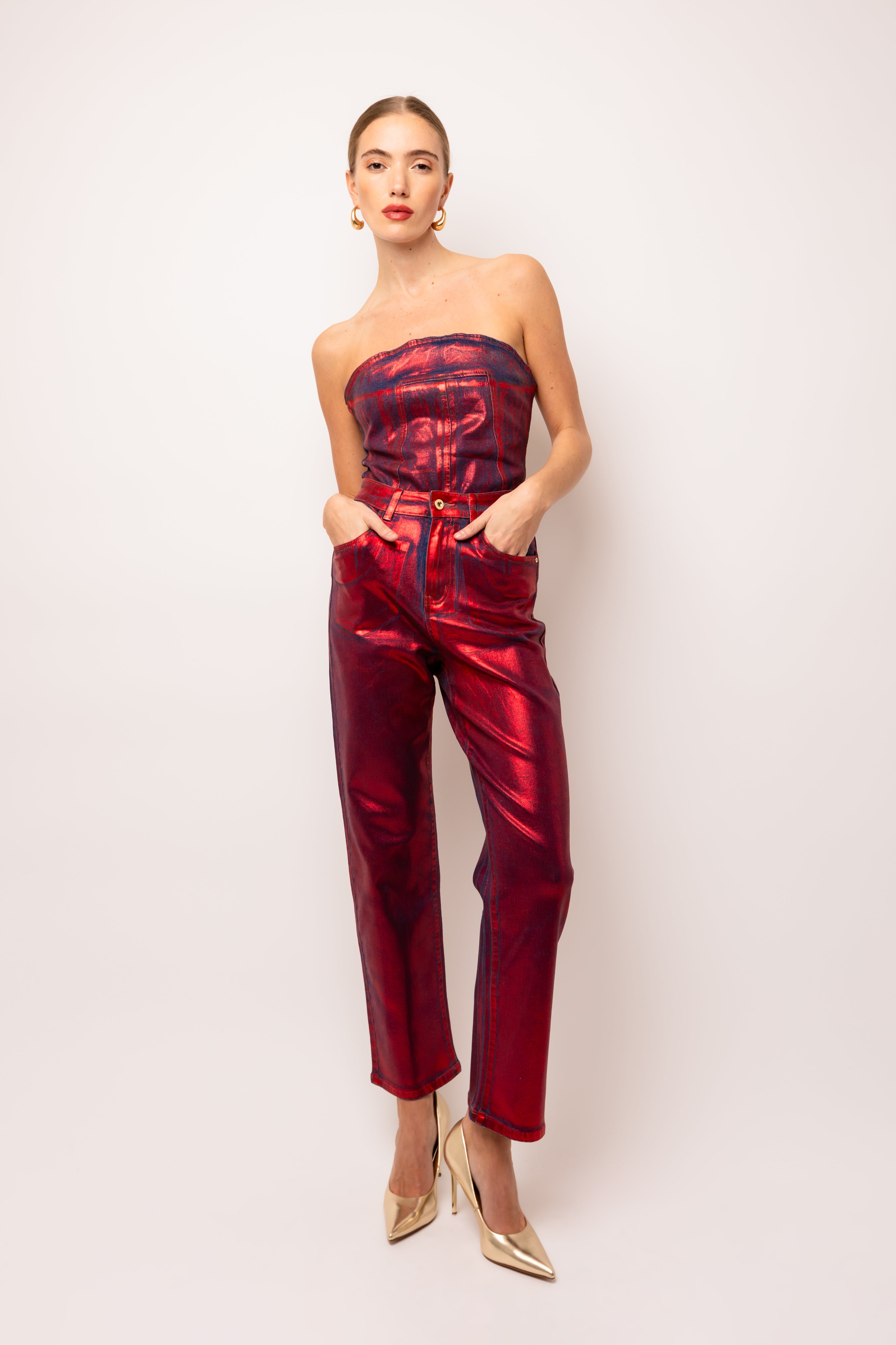 Lupe Red Denim Foil Coated Trousers