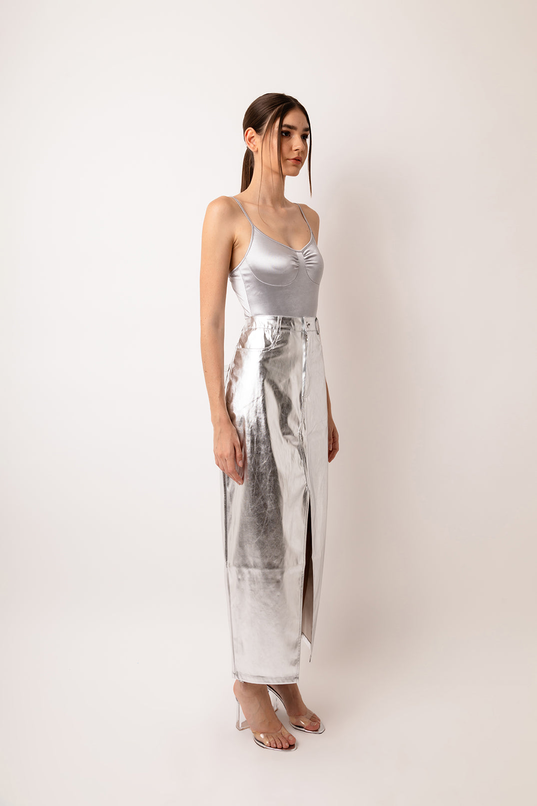 Lupe Silver Metallic Leather Maxi Skirt