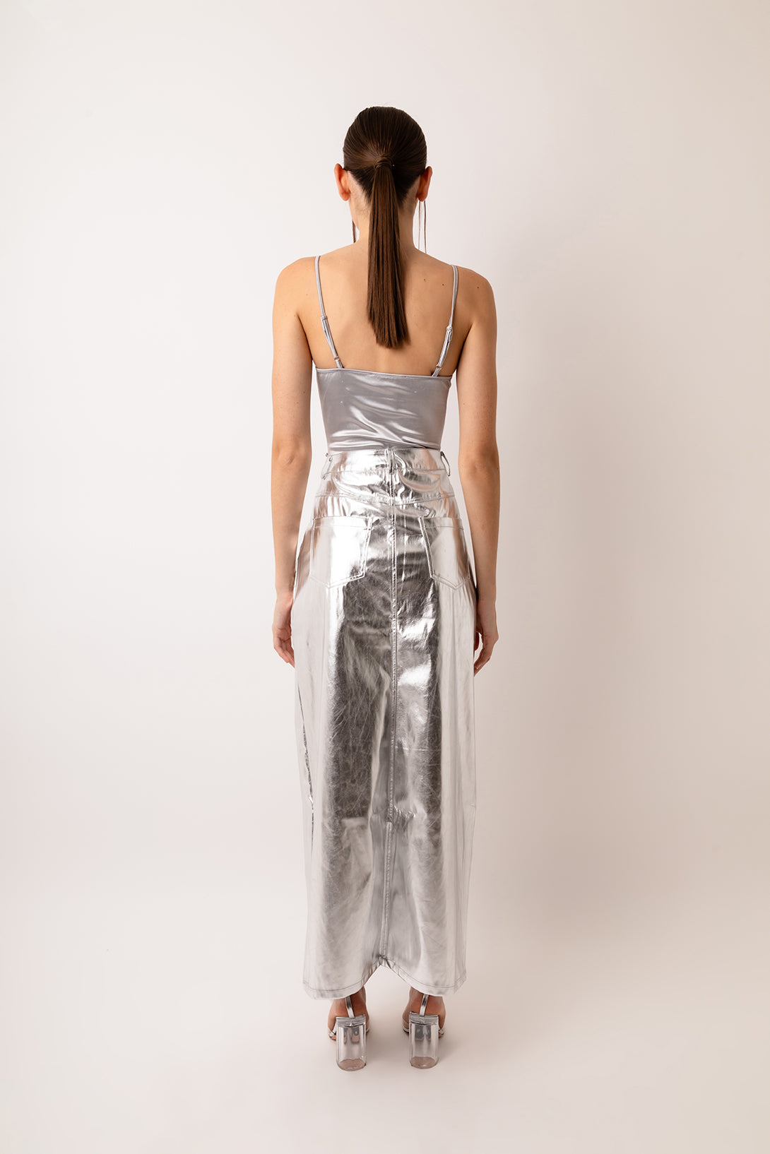 Lupe Silver Metallic Leather Maxi Skirt