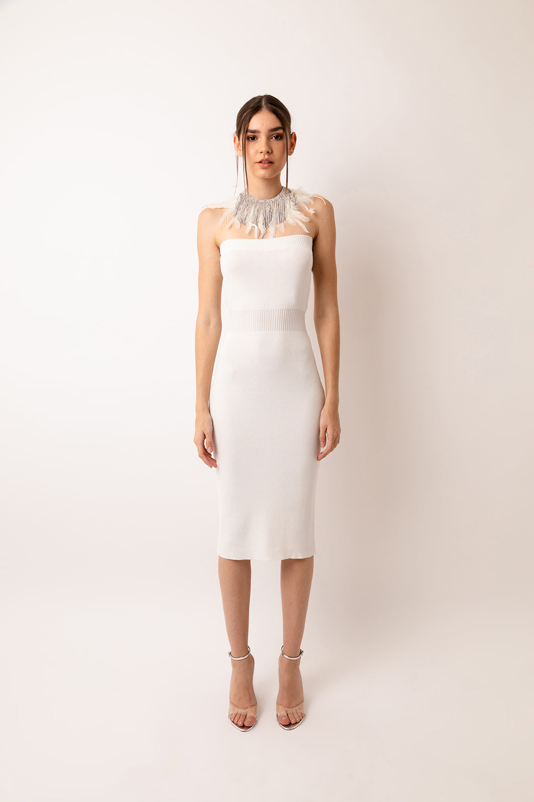 Sydney White Knitted Rib Bandeau Midi Dress| AMYLYNN