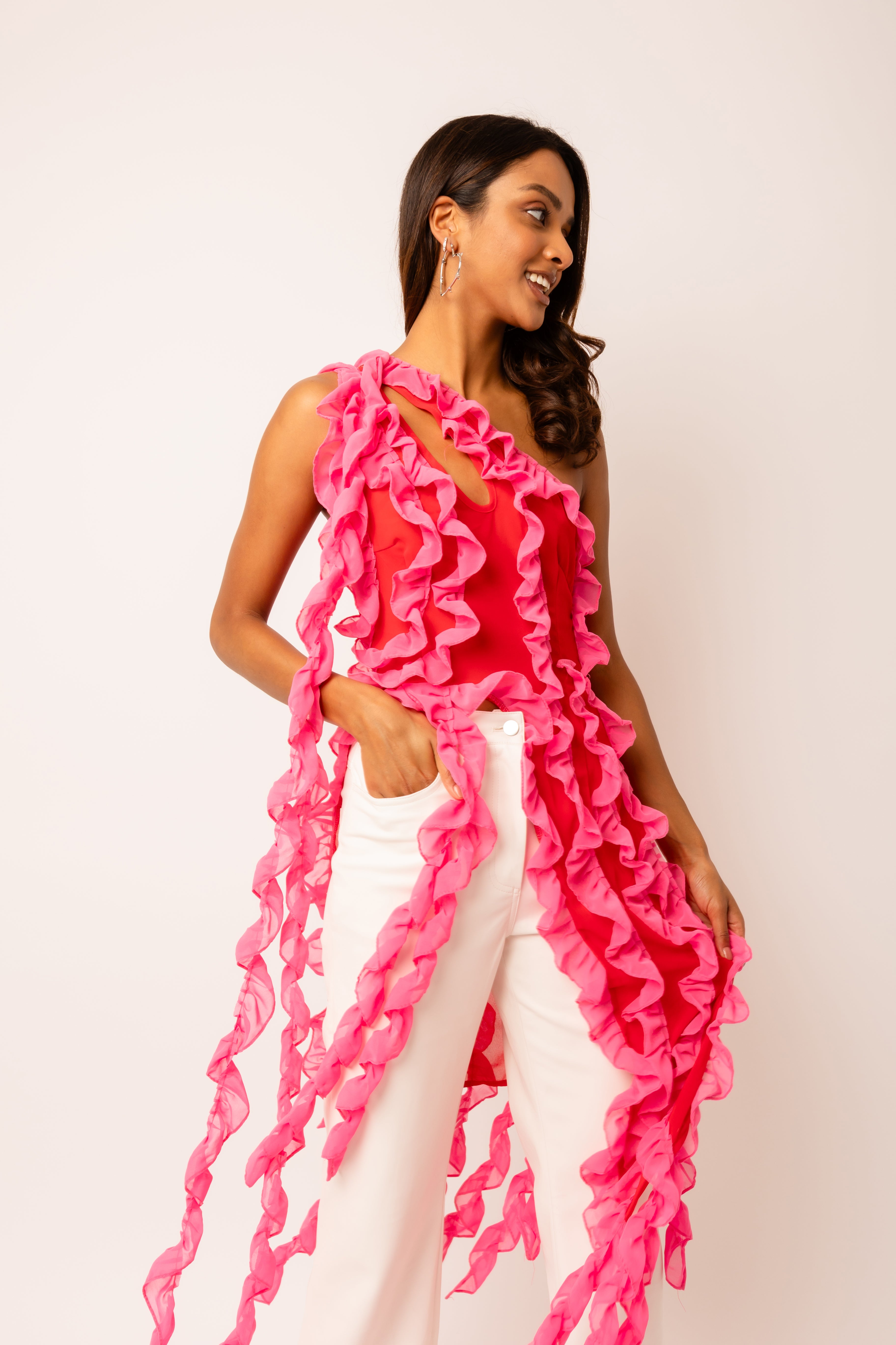 Suki Pink Ruffle Frill Chiffon Top