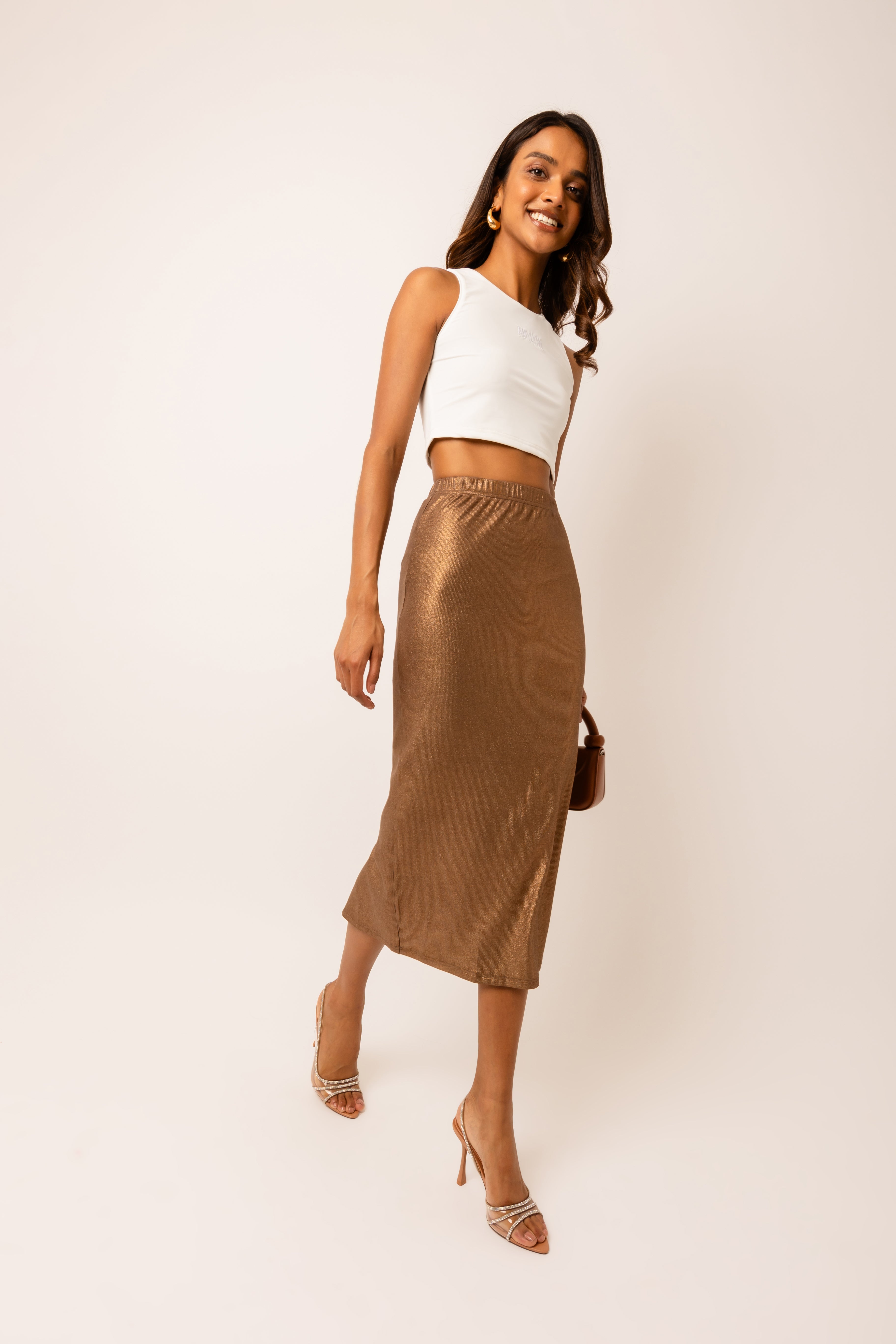 Lulu Brown Metallic Midi Skirt