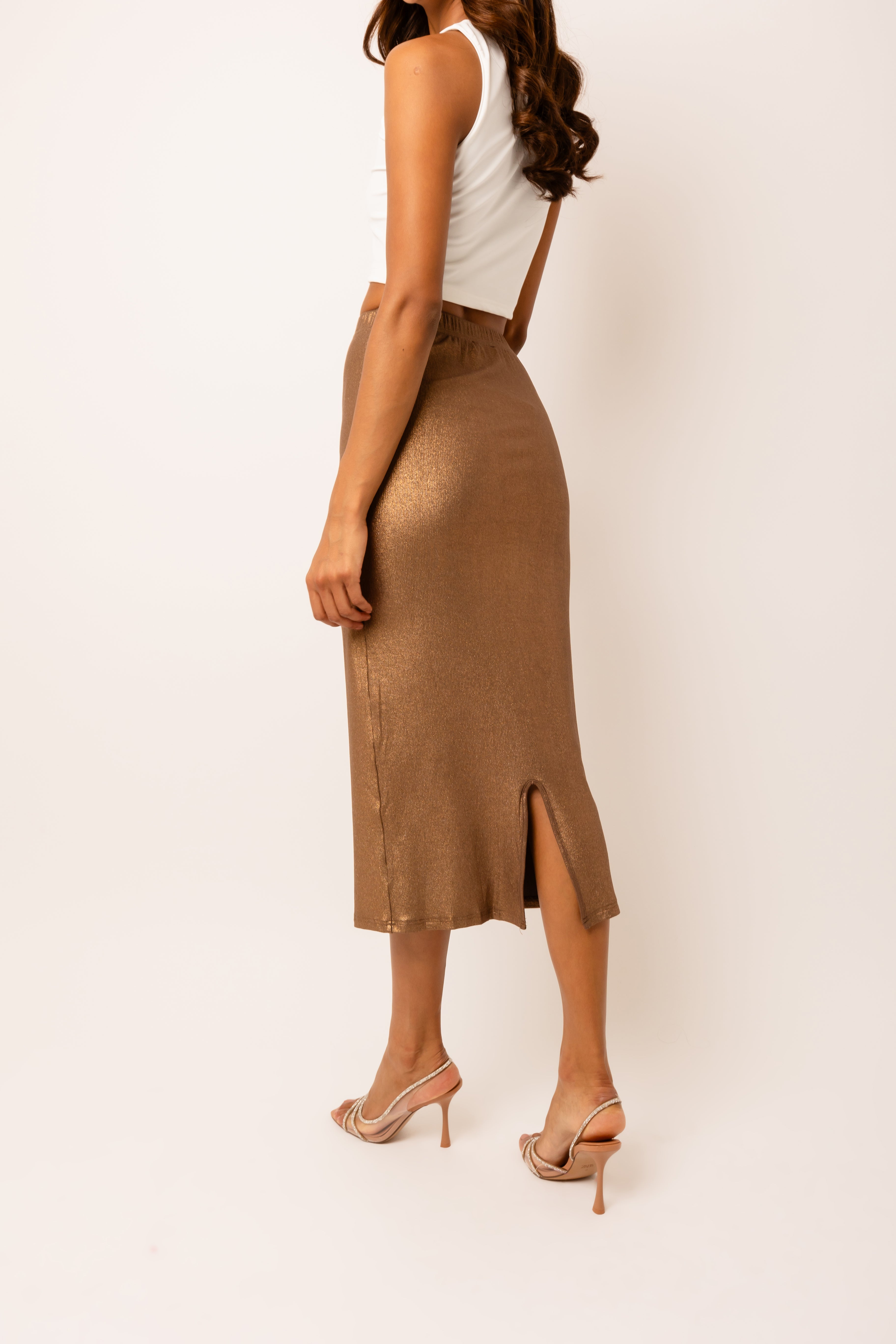 Lulu Brown Metallic Midi Skirt