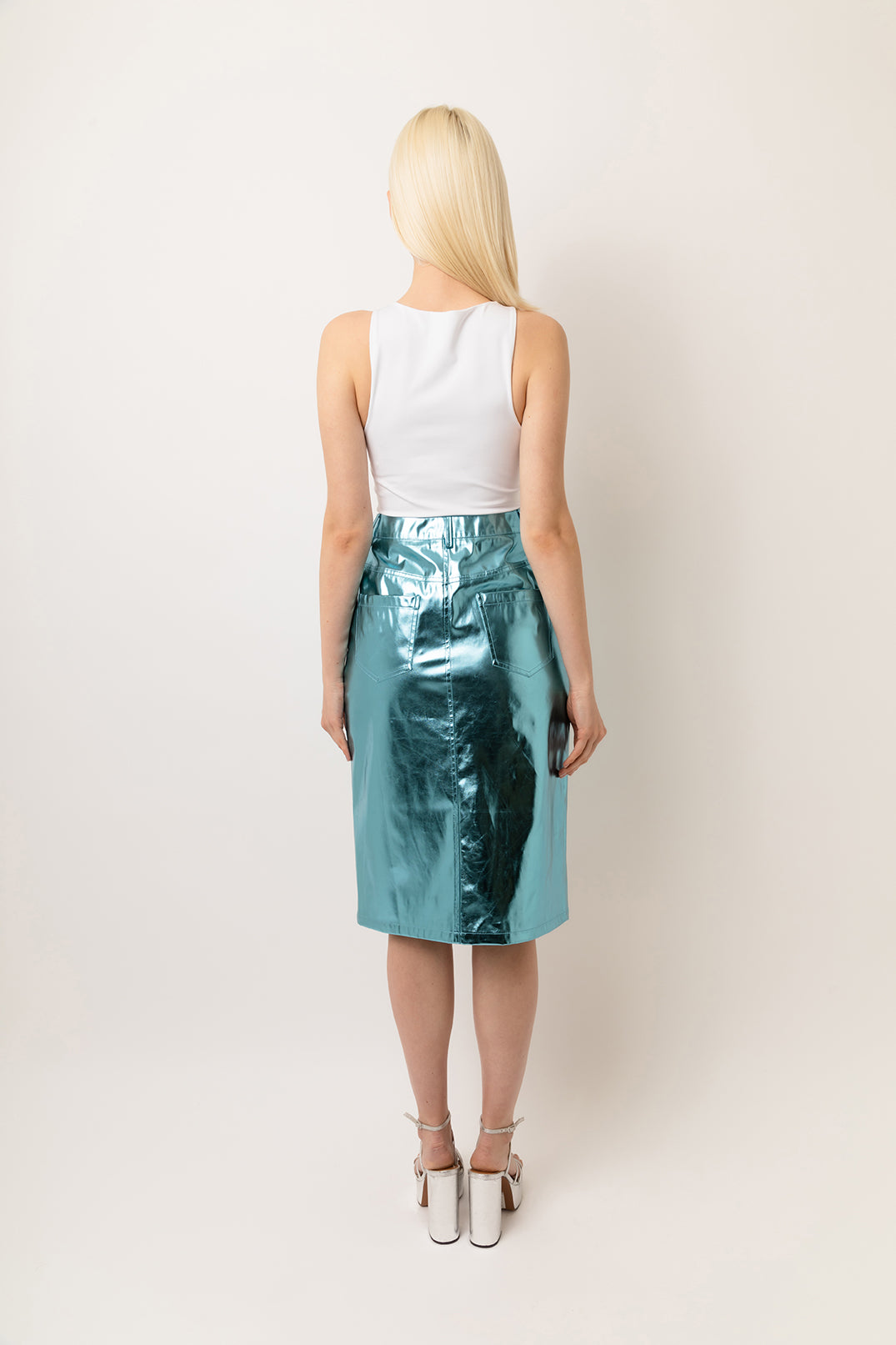 Lupe Shiny Ice Blue High Waisted Metallic Faux Leather Pencil Midi Skirt