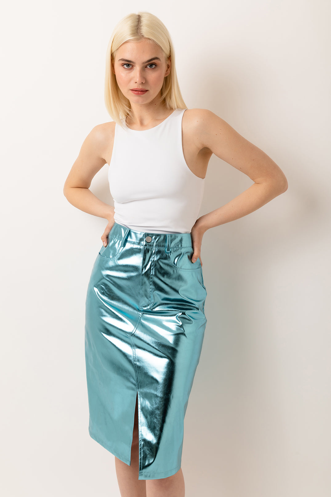 Lupe Shiny Ice Blue High Waisted Metallic Faux Leather Pencil Midi Skirt