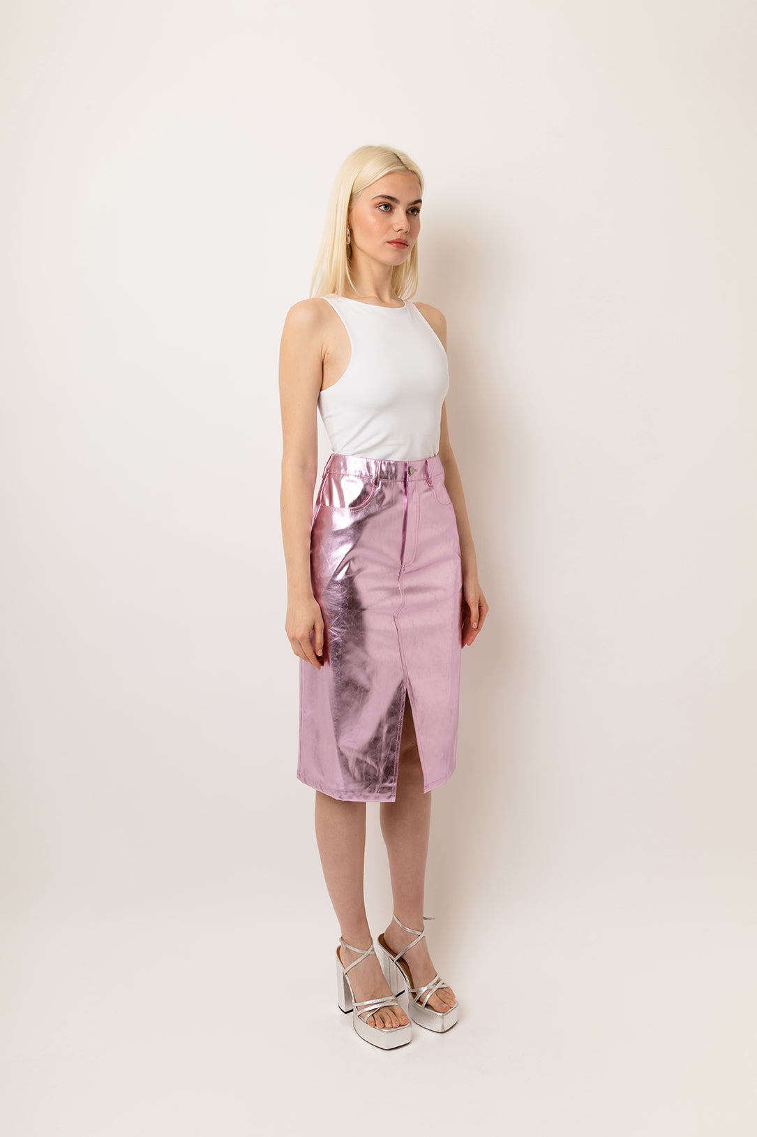 Lupe Shiny Ice Pink High Waisted Metallic Faux Leather Pencil Midi Skirt