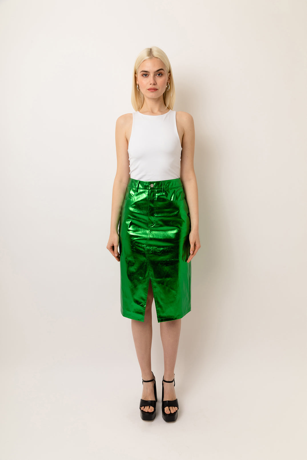 Lupe Shiny Green High Waisted Metallic Faux Leather Pencil Midi Skirt