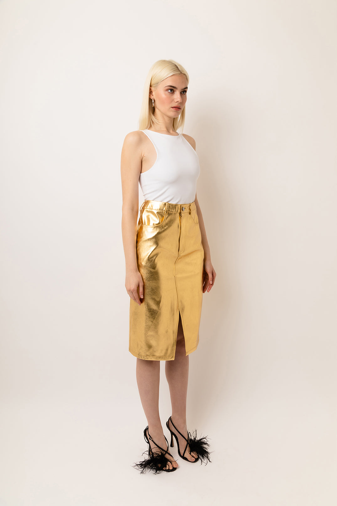 Lupe Shiny Gold High Waisted Metallic Faux Leather Pencil Midi Skirt