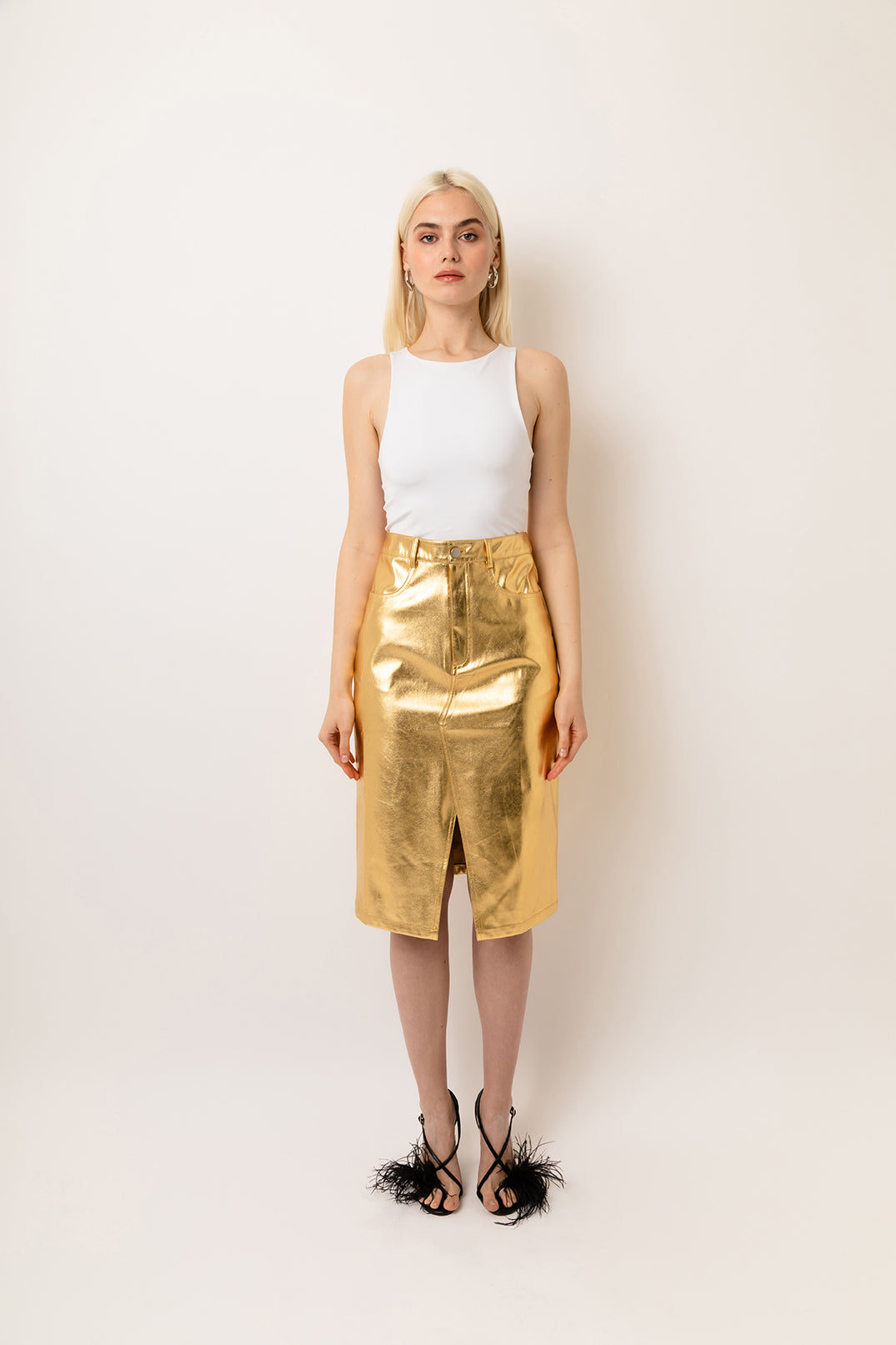 Lupe Shiny Gold High Waisted Metallic Faux Leather Pencil Midi Skirt