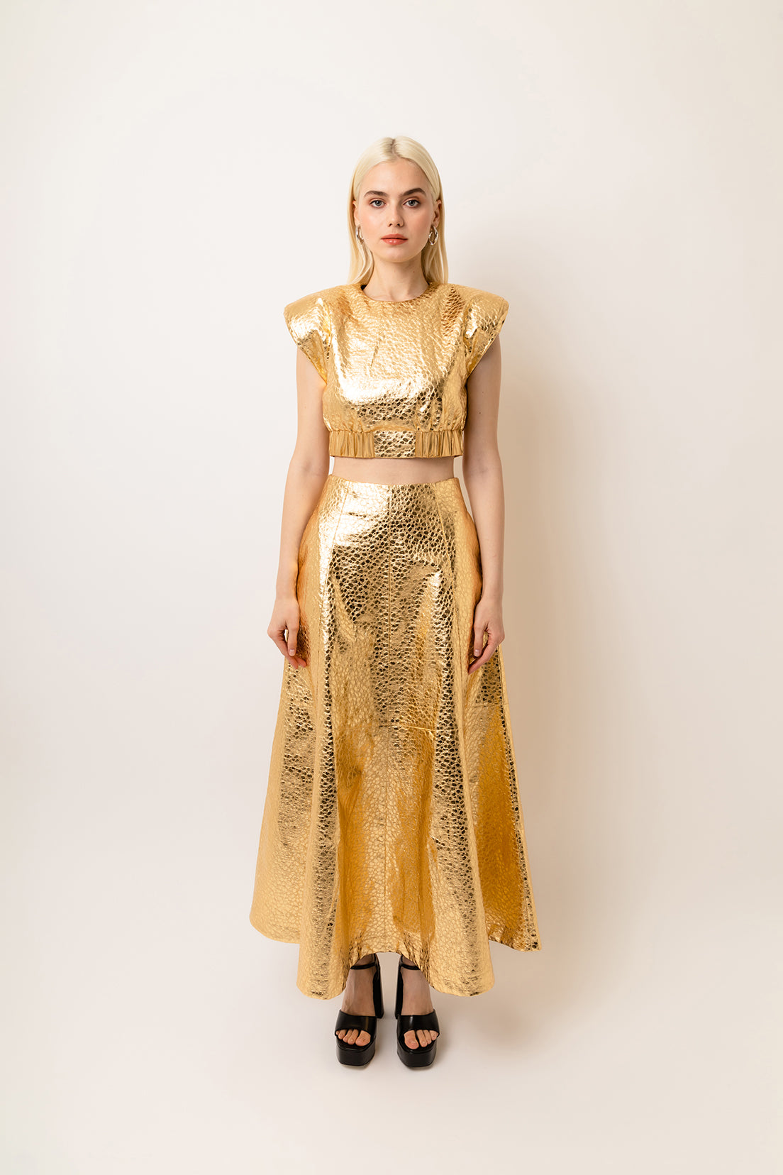 Phoebe Gold High Waist Leather Metallic Maxi Skirt | AmyLynn