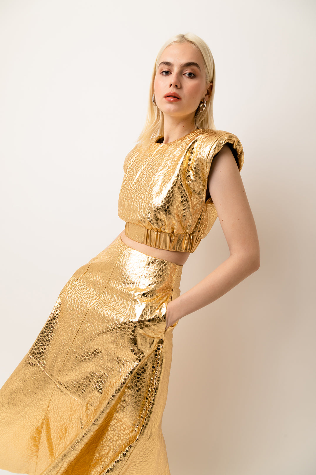 Phoebe Gold High Waist Leather Metallic Maxi Skirt | AmyLynn