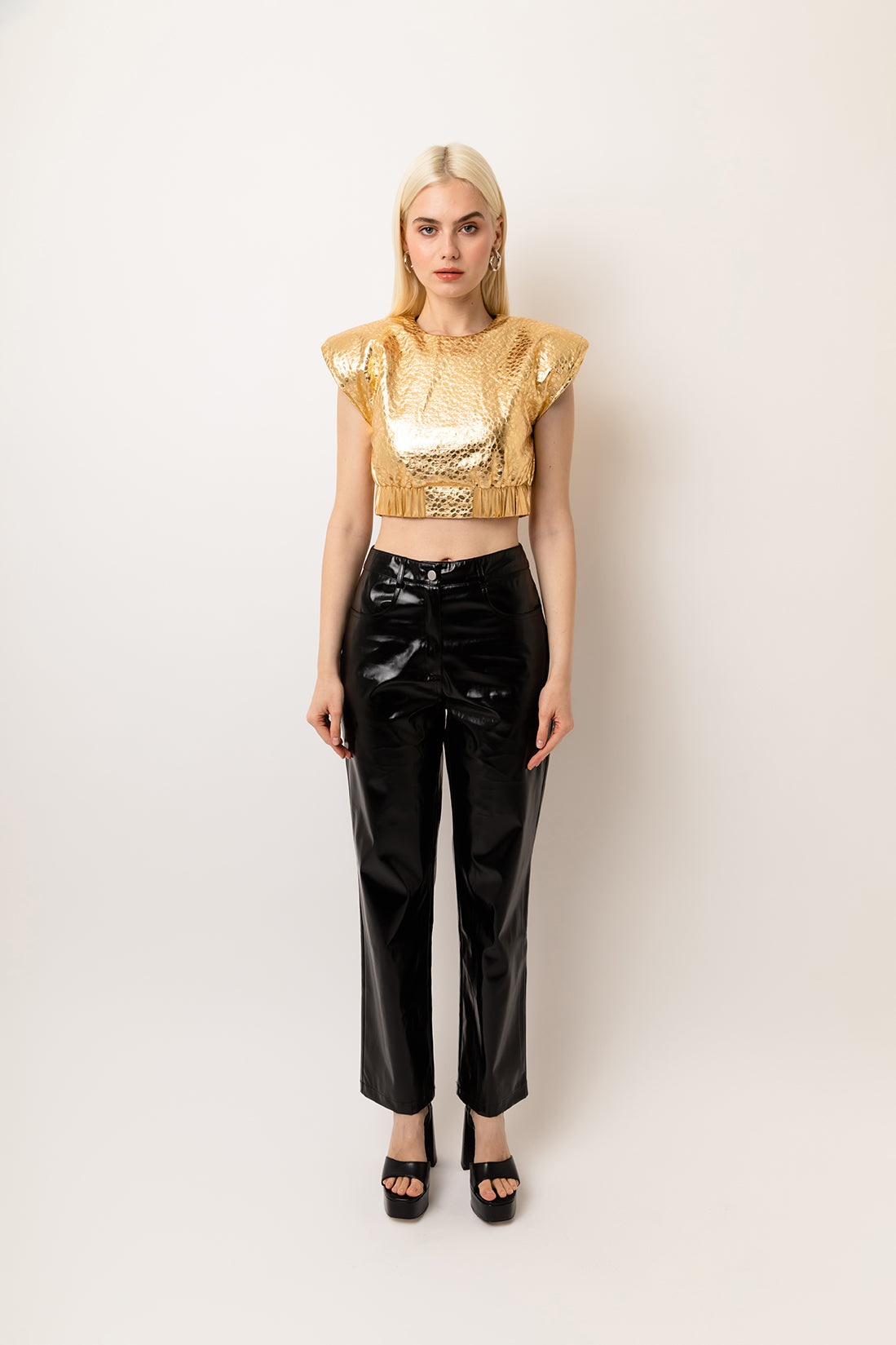 Lupe Black Metallic Straight Leg High Rise Faux Leather Trousers | AmyLynn 