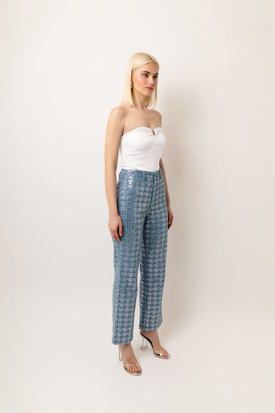 Bambi Denim Light Wash Straight Leg Embellished Sequin Trousers | AmyLynn