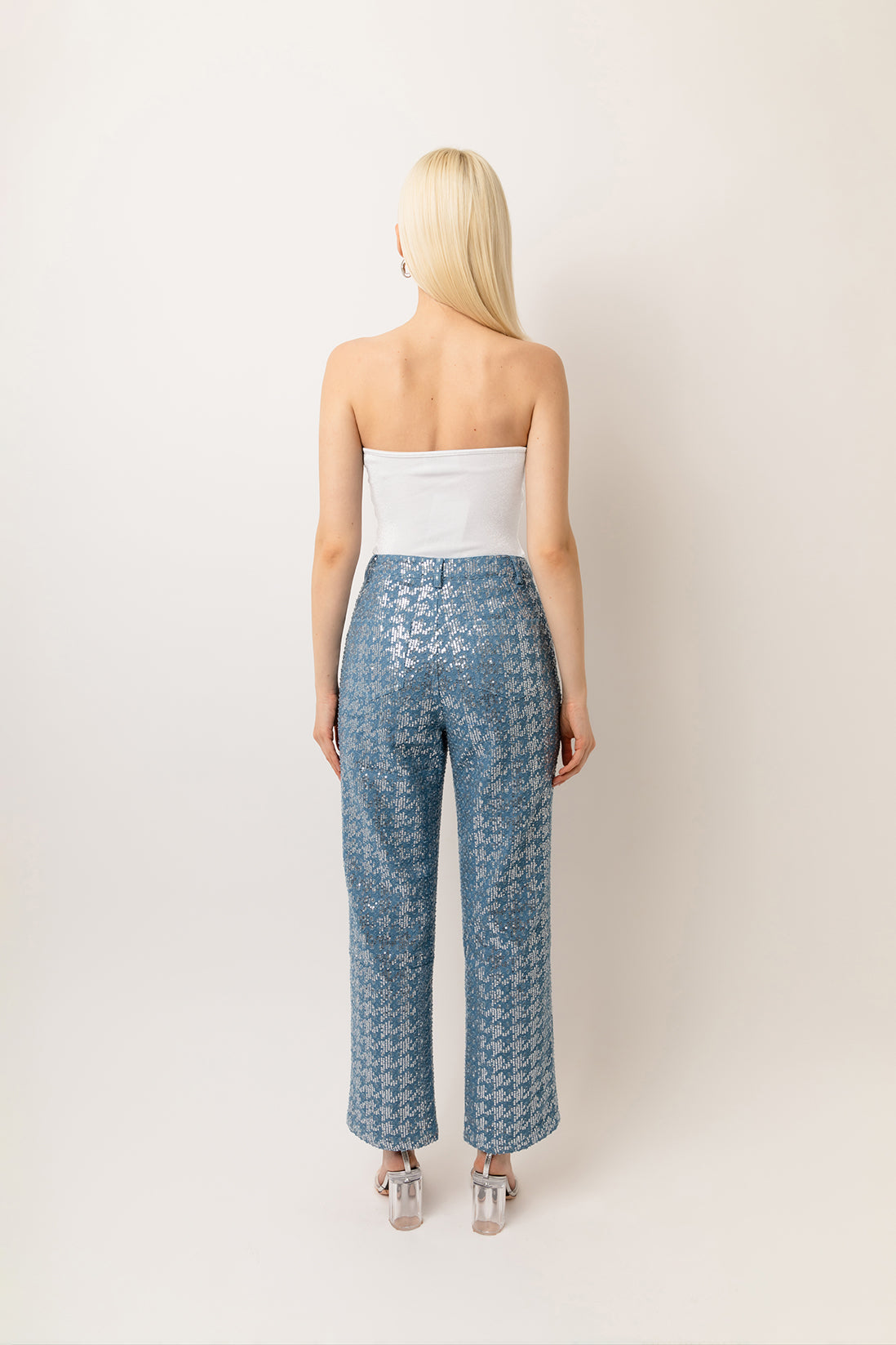 Bambi Denim Light Wash Straight Leg Embellished Sequin Trousers | AmyLynn