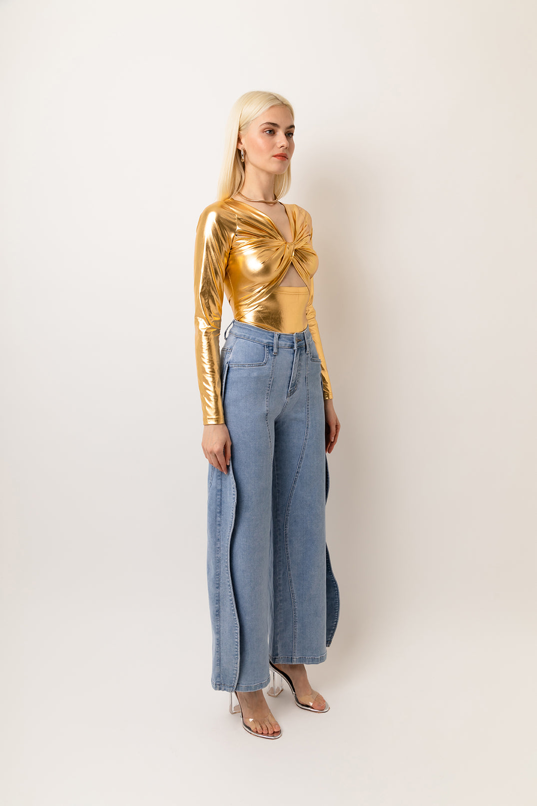 Isla Wide Flare Leg Denim Jeans with Wavy-Trim Detail | AMYLYNN