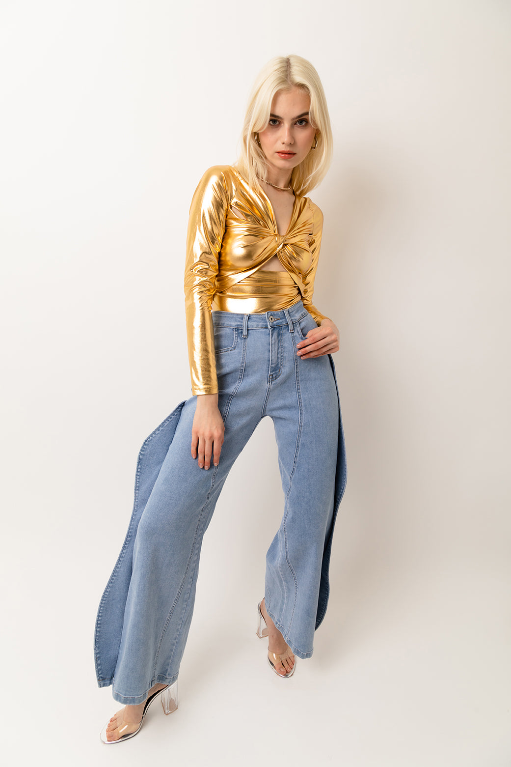 Isla Wide Flare Leg Denim Jeans with Wavy-Trim Detail | AMYLYNN