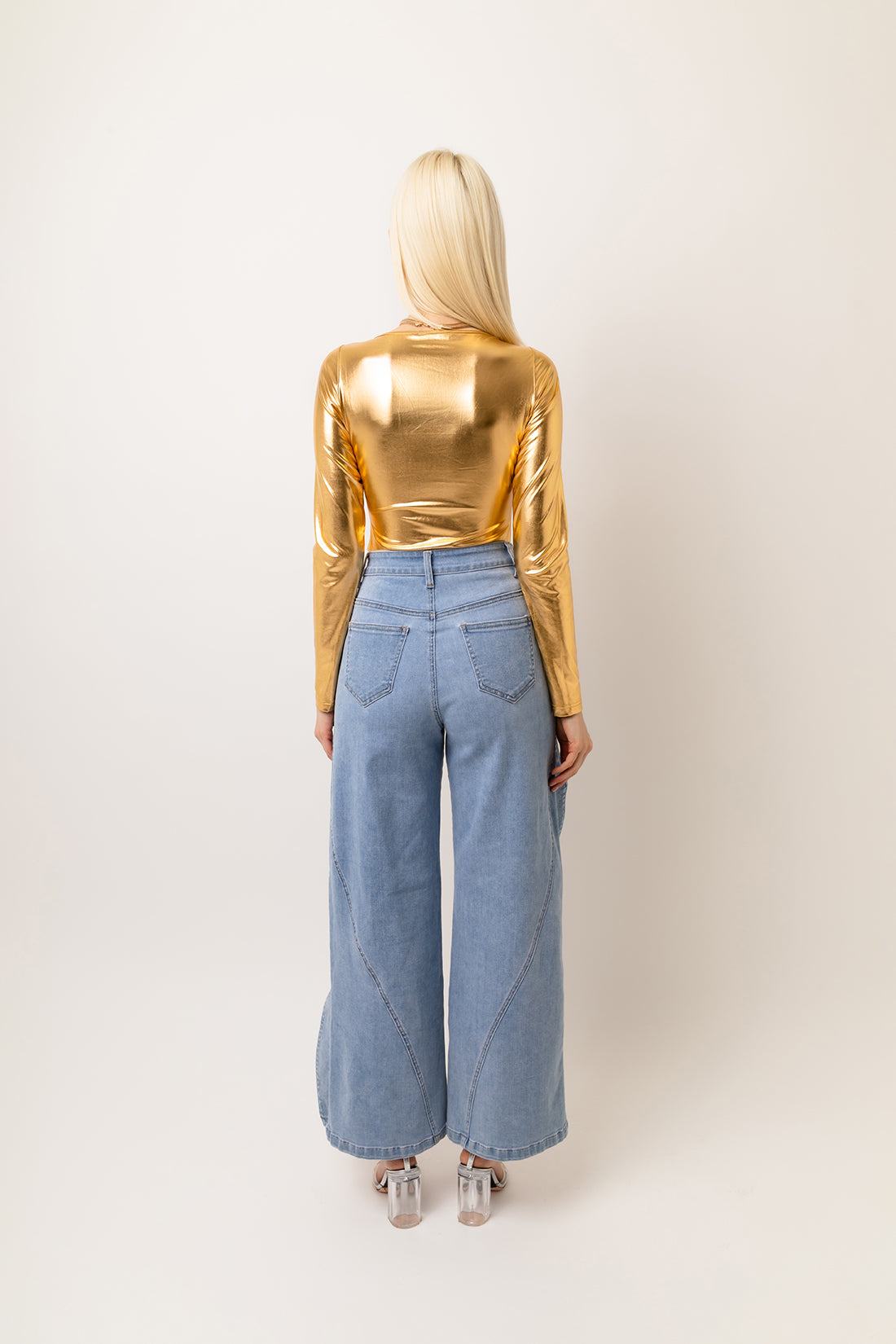Isla Wide Flare Leg Denim Jeans with Wavy-Trim Detail | AMYLYNN