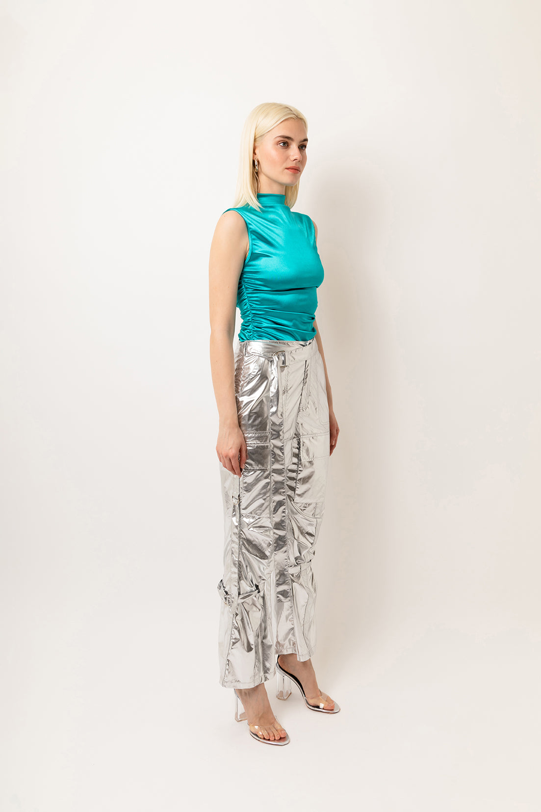 Y2K Silver Metallic High Waist Cargo Trousers | AMYLYNN