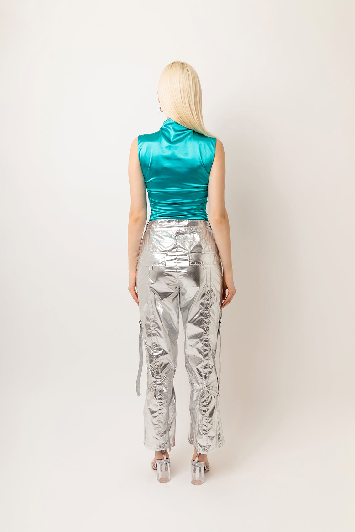 Y2K Silver Metallic High Waist Cargo Trousers | AMYLYNN