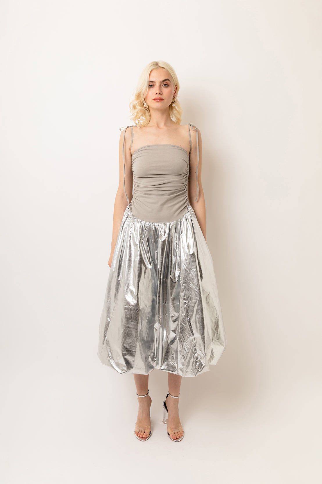 Alexa Silver Metallic Puffball Skirt Midi Dress