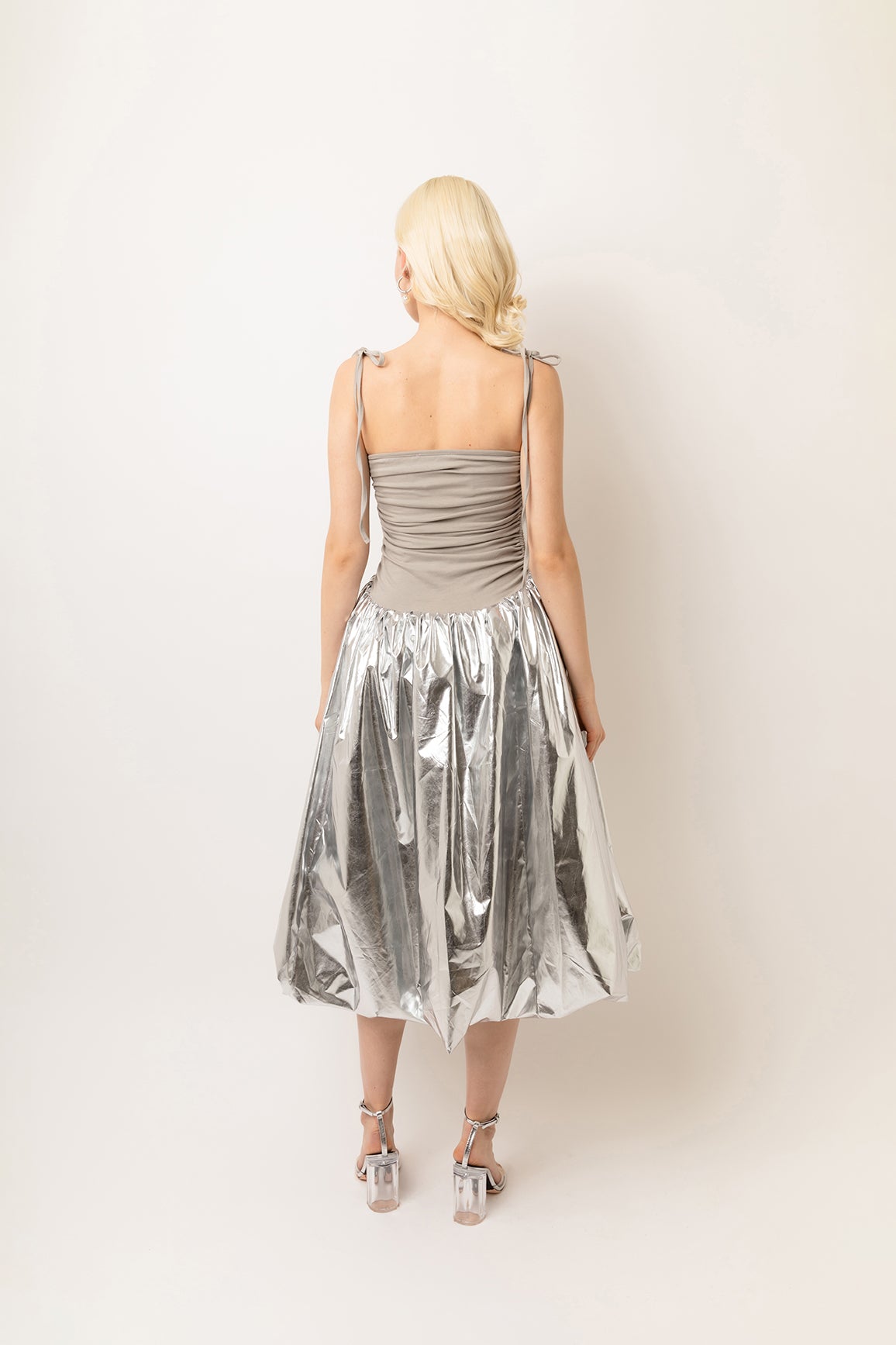 Alexa Silver Metallic Puffball Skirt Midi Dress