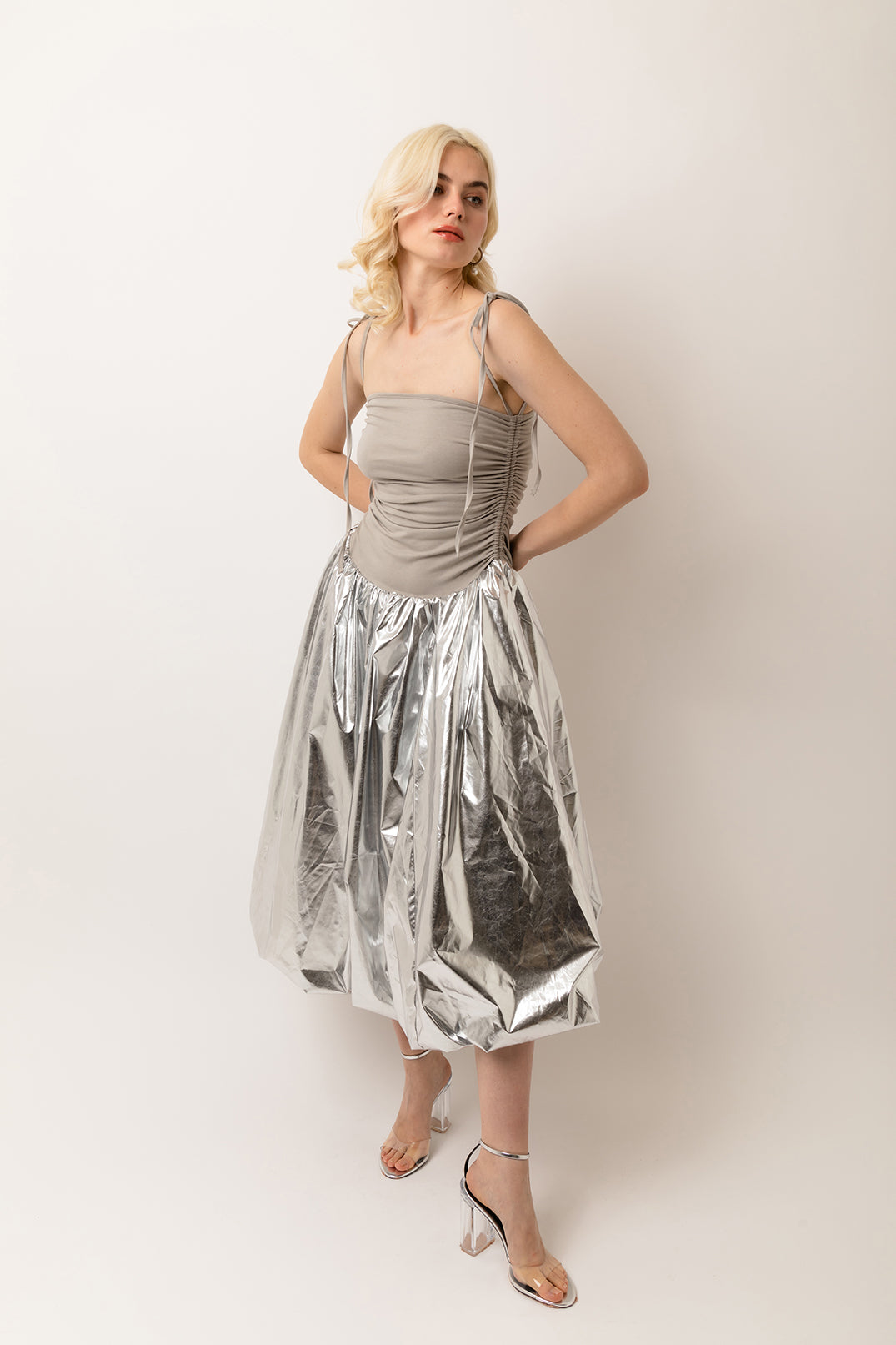 Alexa Silver Metallic Puffball Skirt Midi Dress