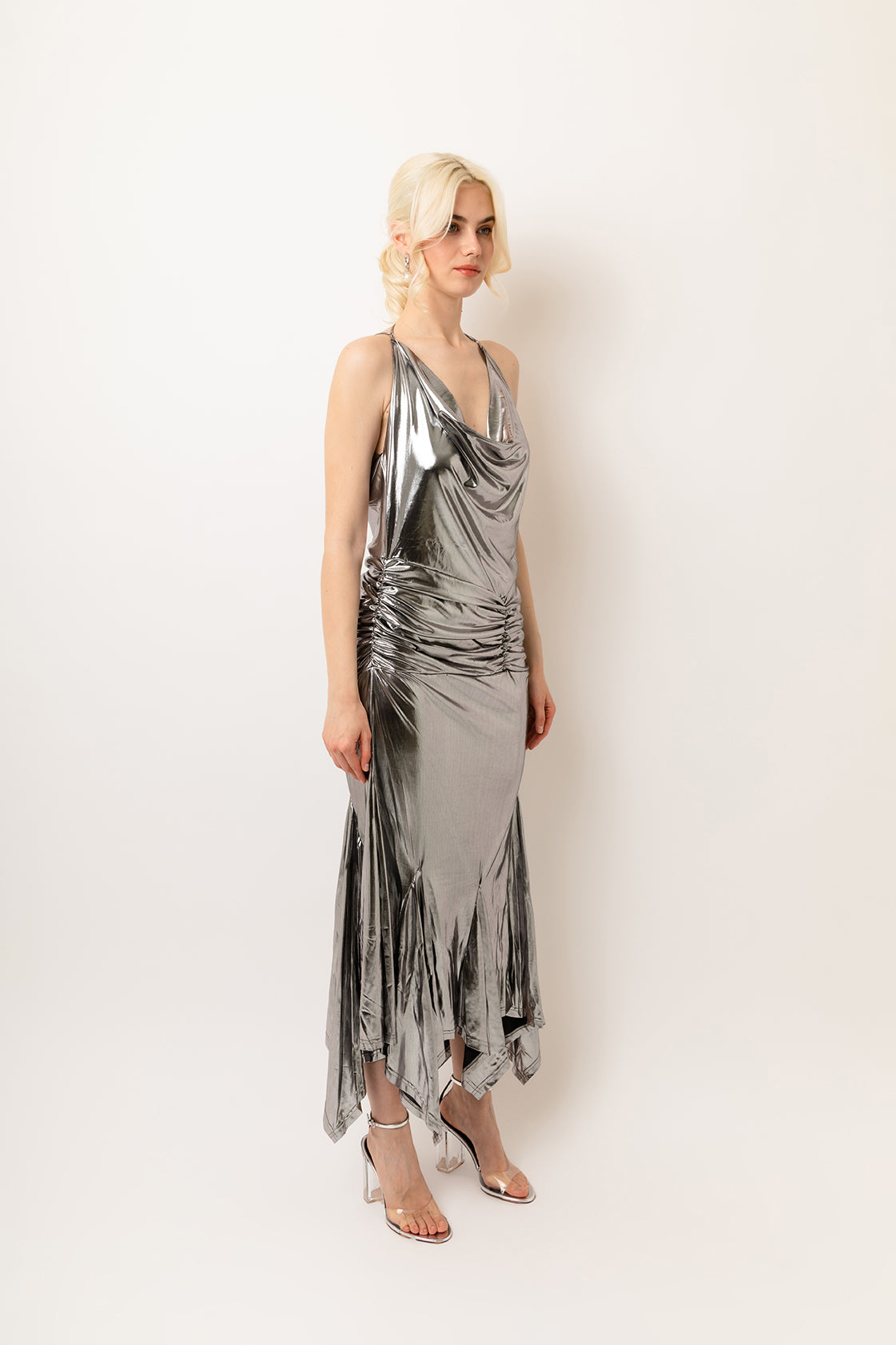 Alaska Silver Slinky Cowl Neck Shiny Metallic Maxi Dress