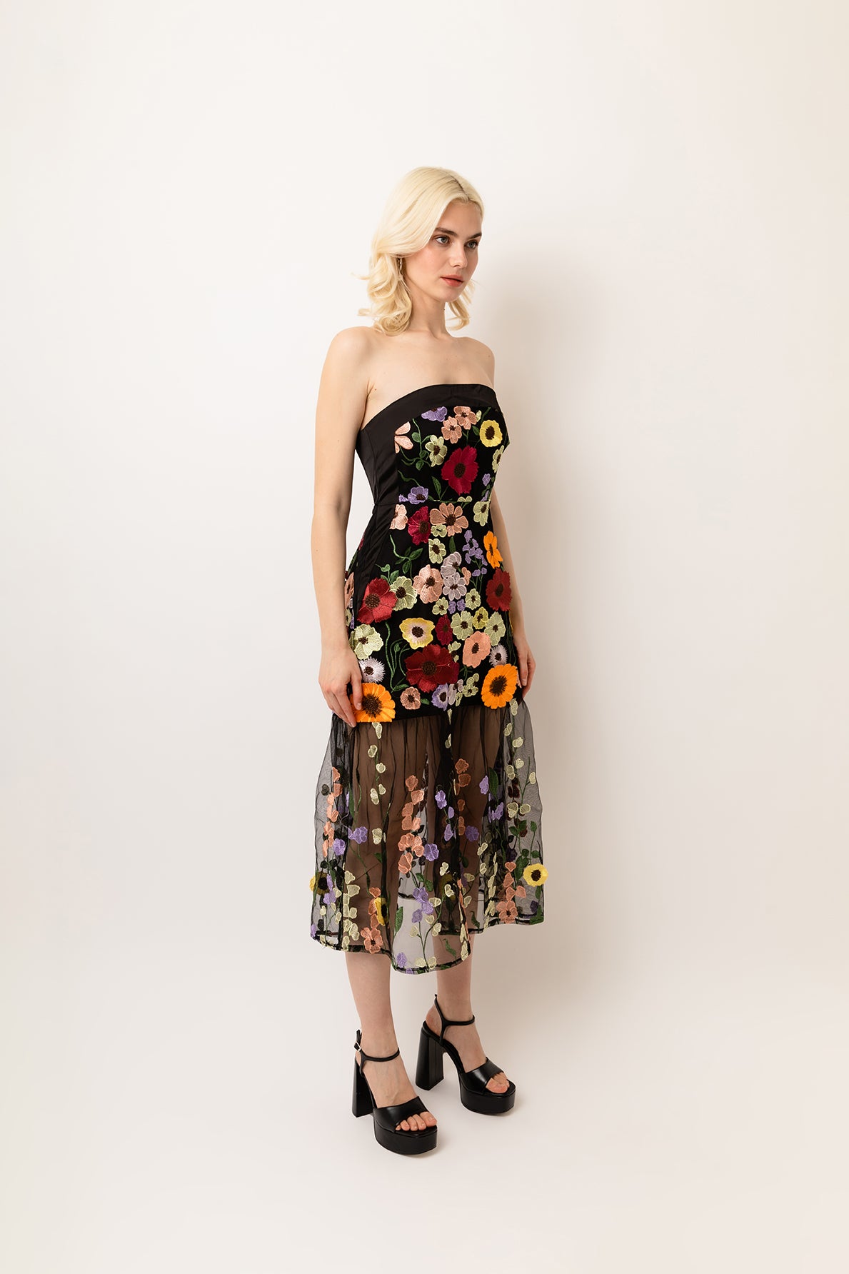 Zion Black Strapless Floral Motif Woven Midi Dress
