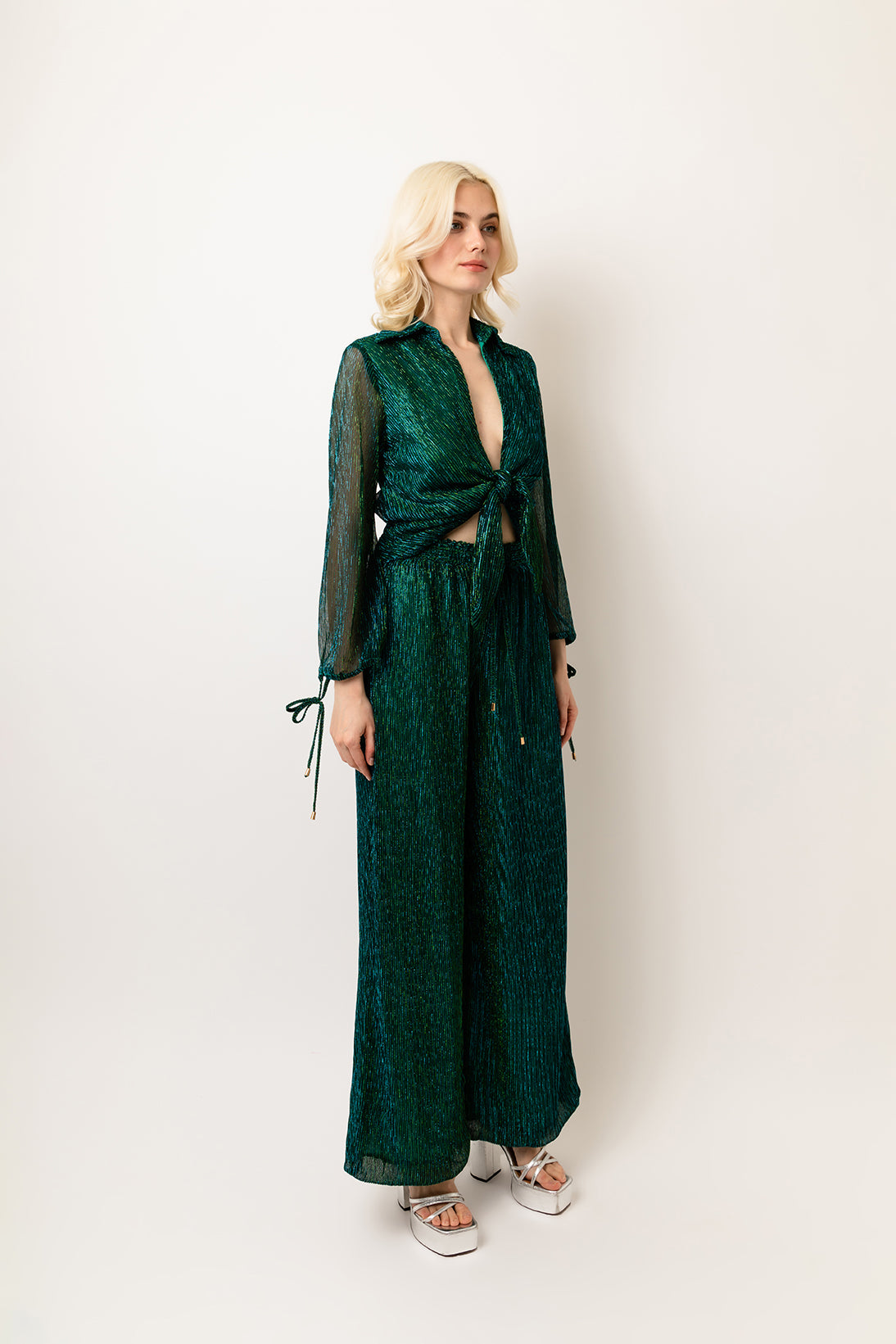Ama Teal Green Metallic Plisse Wide Leg Loose-fit Trousers | AmyLynn