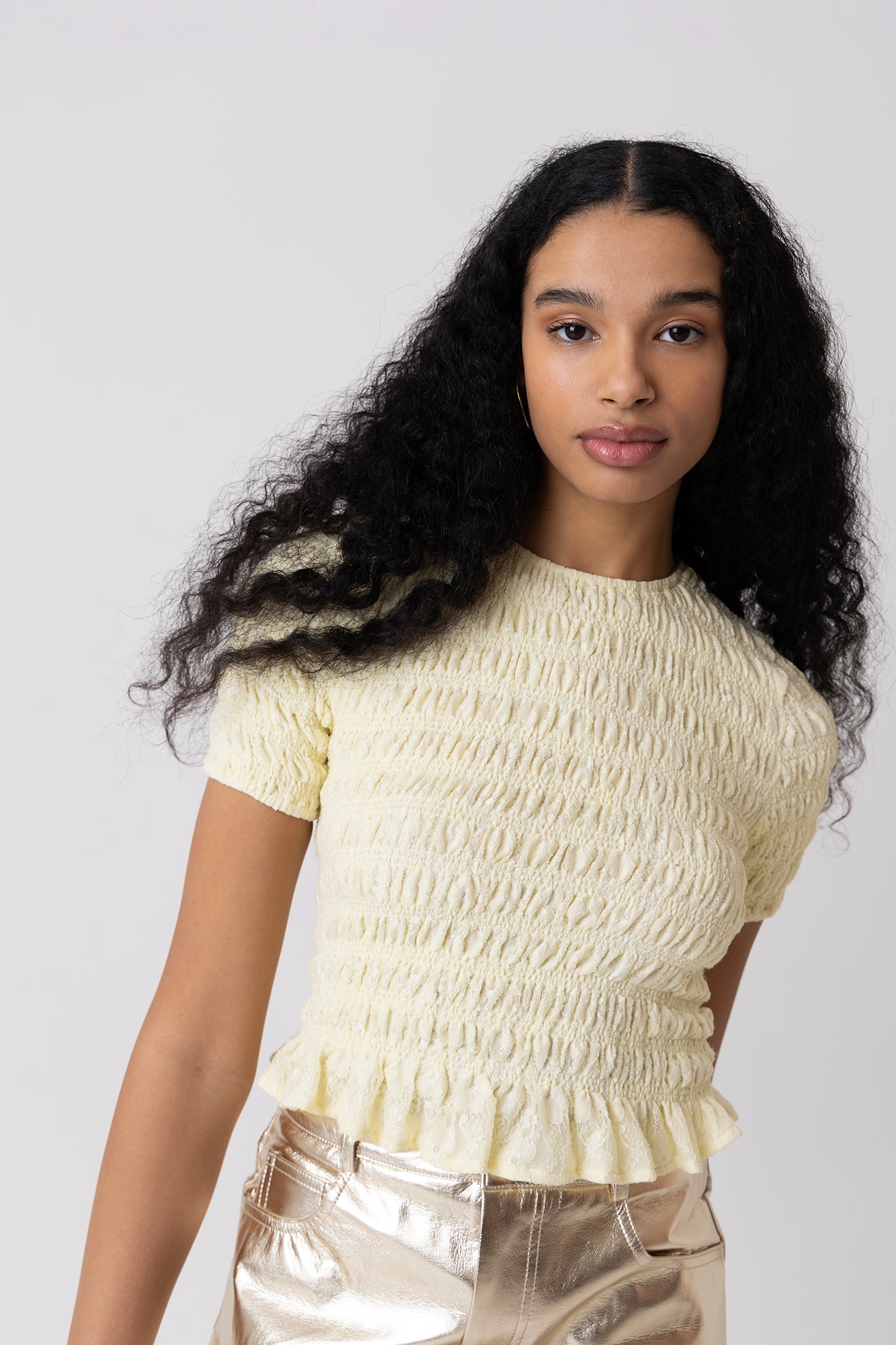 Eliza Lemon Yellow Lace Shirred Top