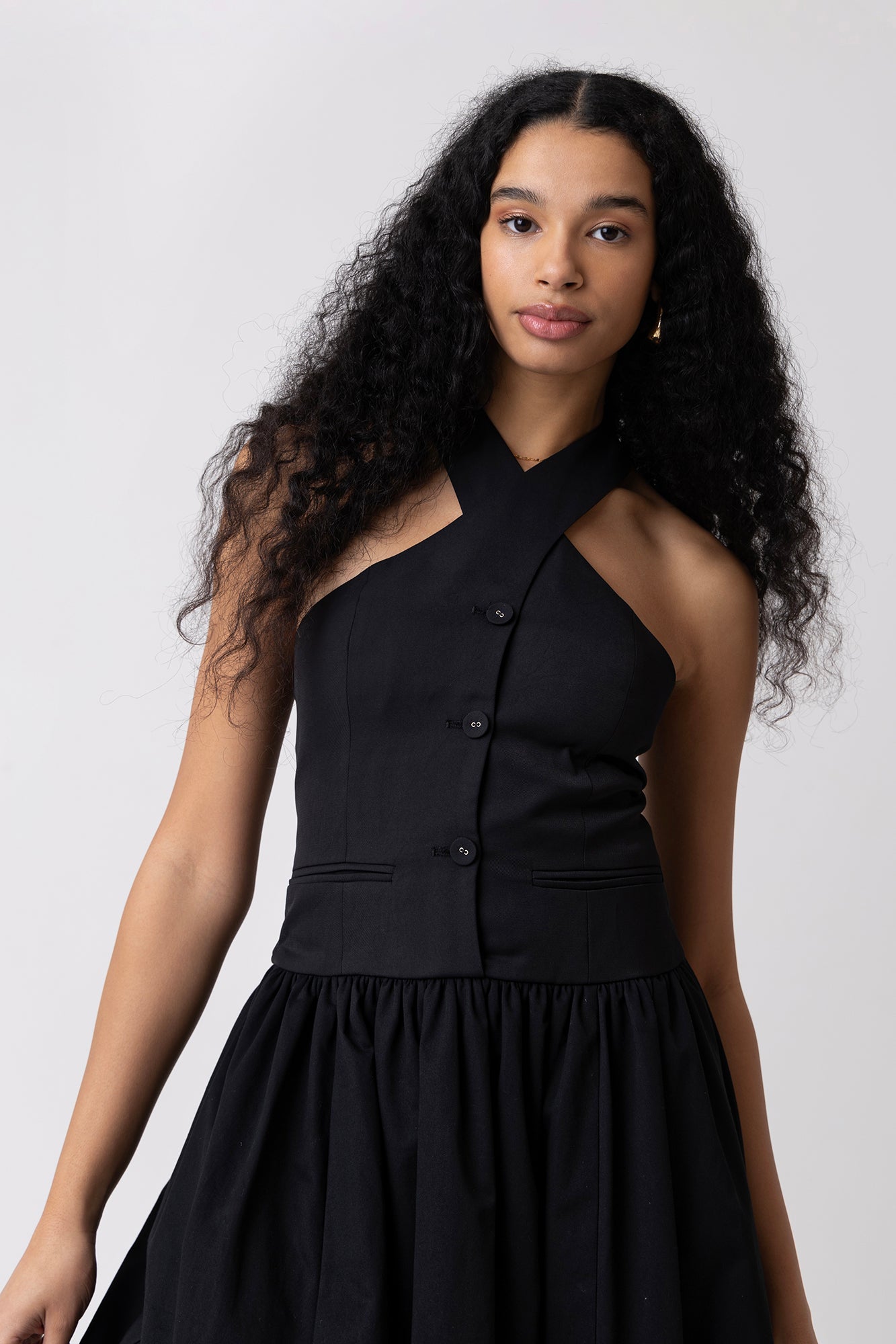 Garcelle Rich Cotton Black Halterneck Midi Dress
