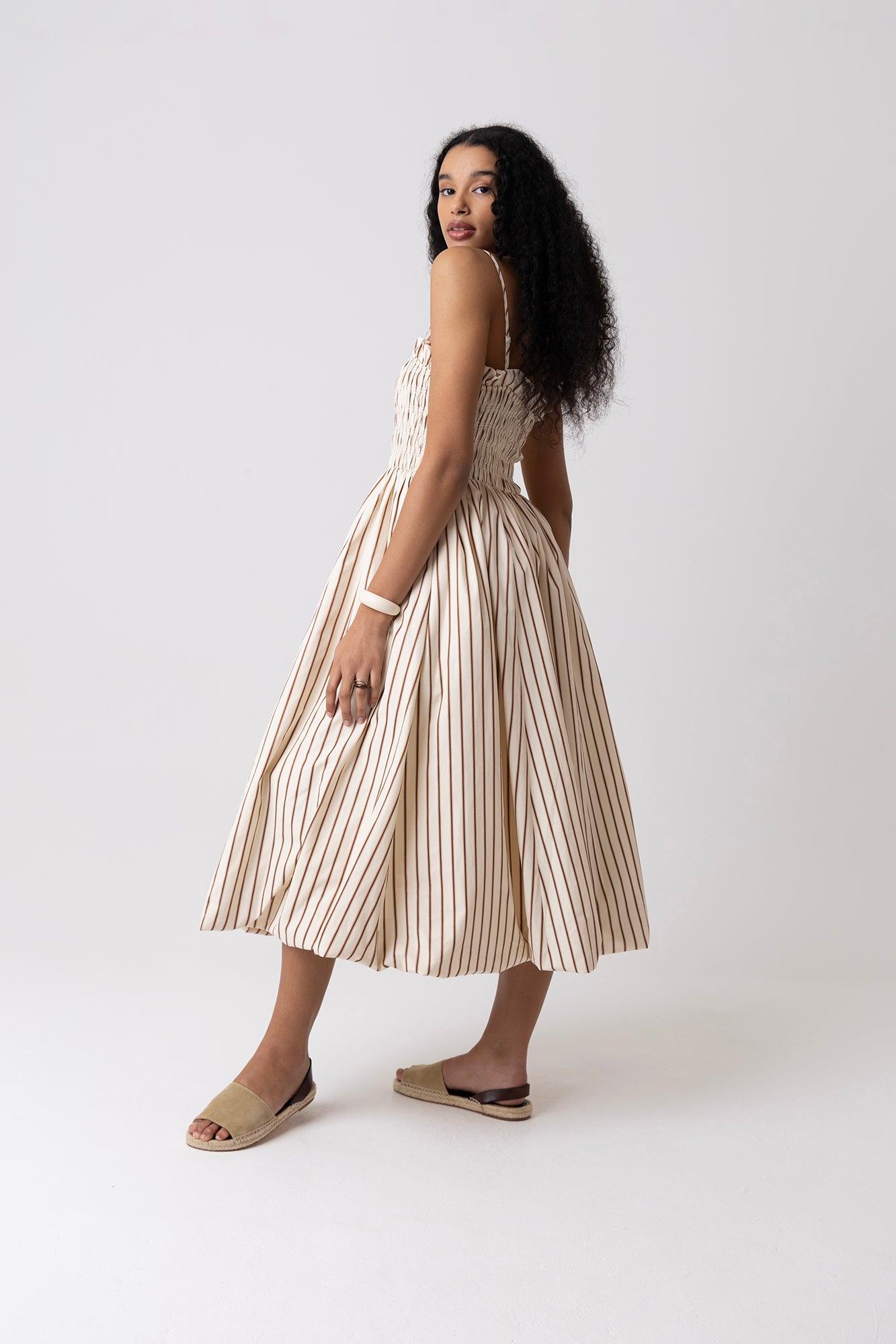 Polly Beige Stripe Puffball Dress