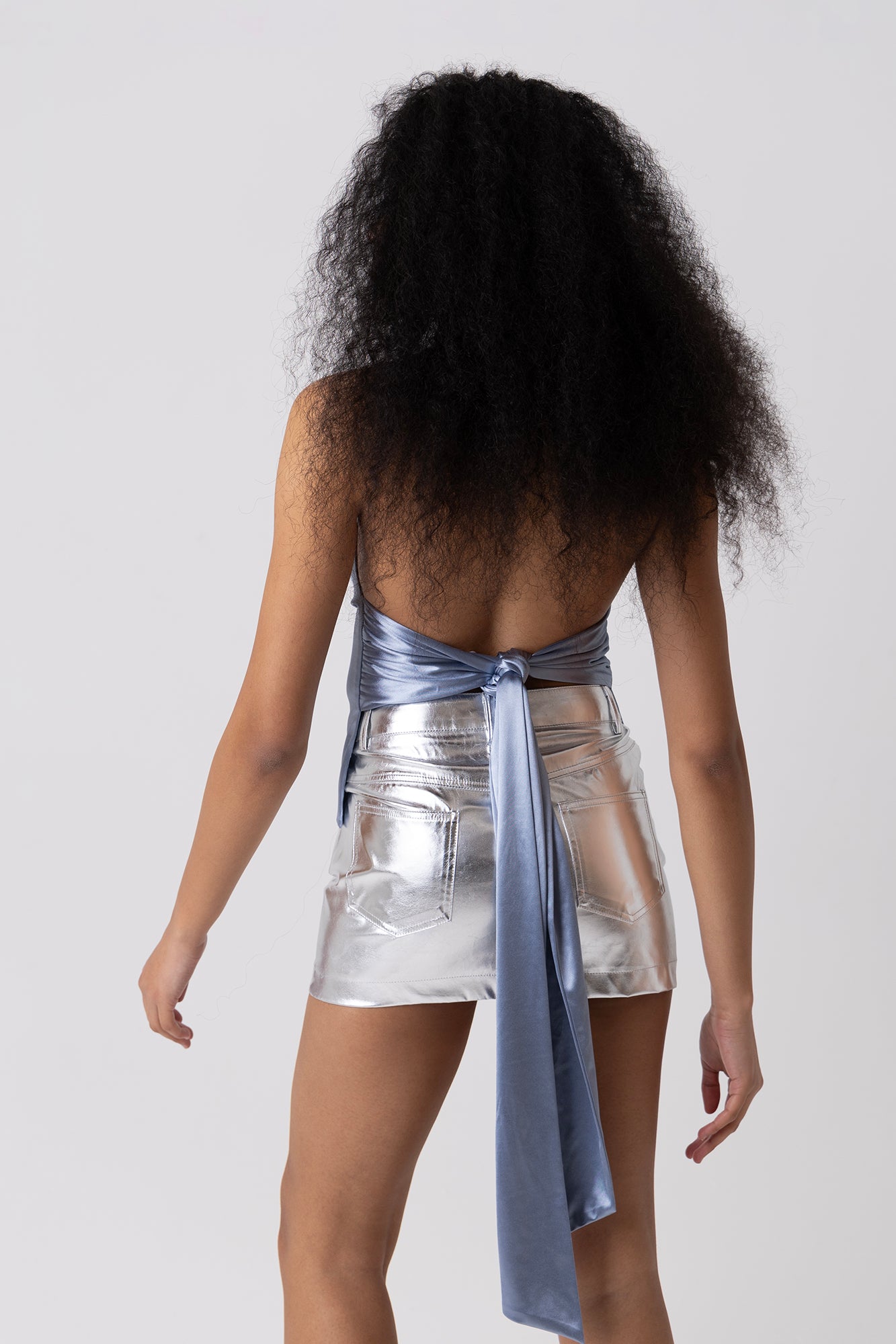 Carmel Blue Satin Halter Cowl Top
